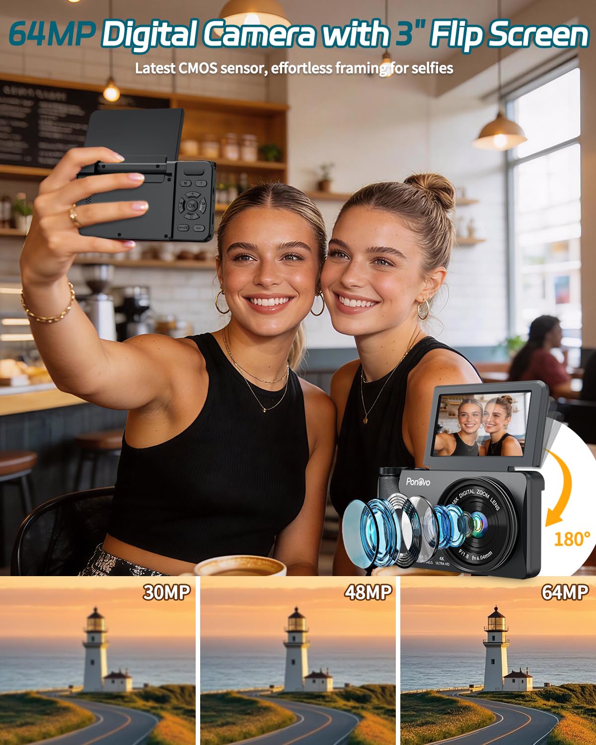 Digitalkamera 4K 64MP Autofokus Vlogging Kamera 3" 180° Klappbildschirm 18X Digitalzoom 2000mAh Akku 32GB Kompaktkamera Schwarz