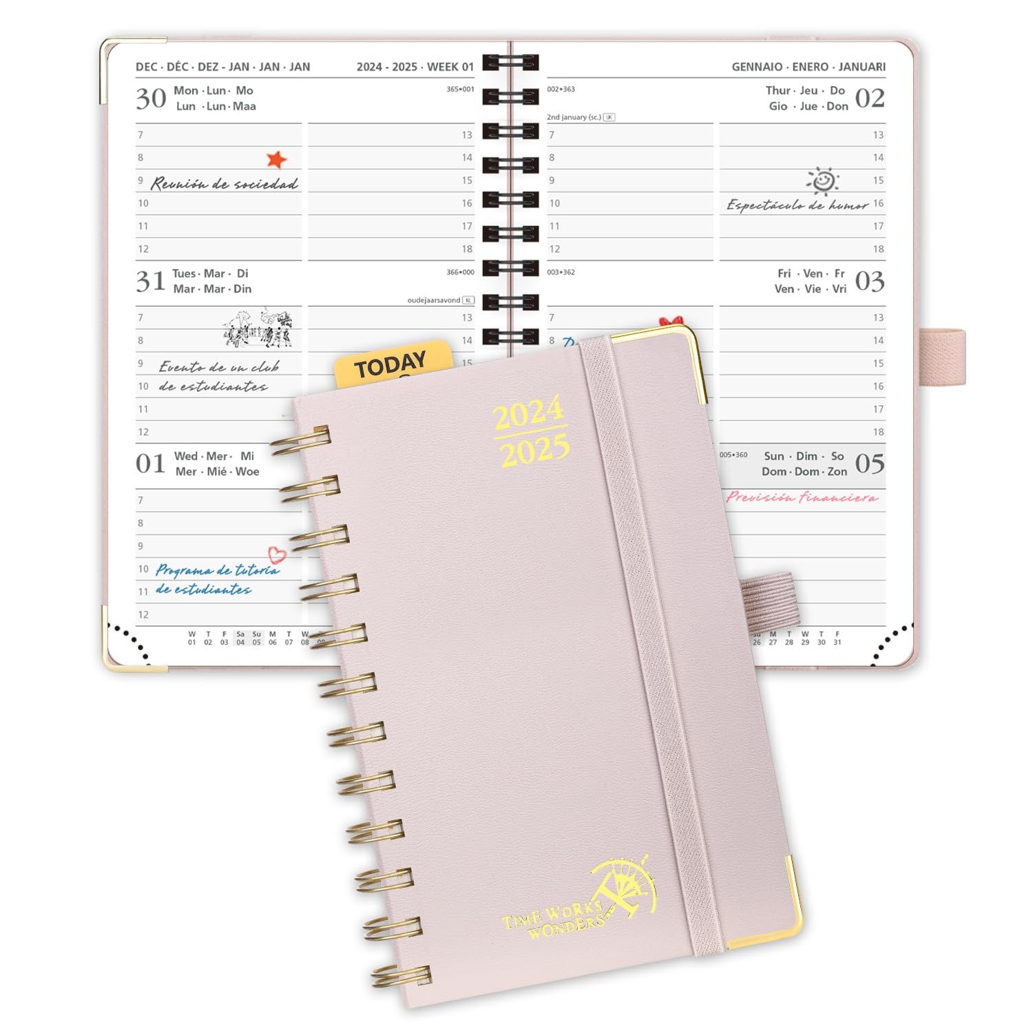 POPRUN Agenda 2024 2025 Pequeña 16 x 10,5cm, Tapa Dura Agenda Semana Vista A6, 17 Meses de Ago.2024 - Dic.2025, Regla de Plástico, 80 GSM Papel Certificado FSC®, Rosa Claro
