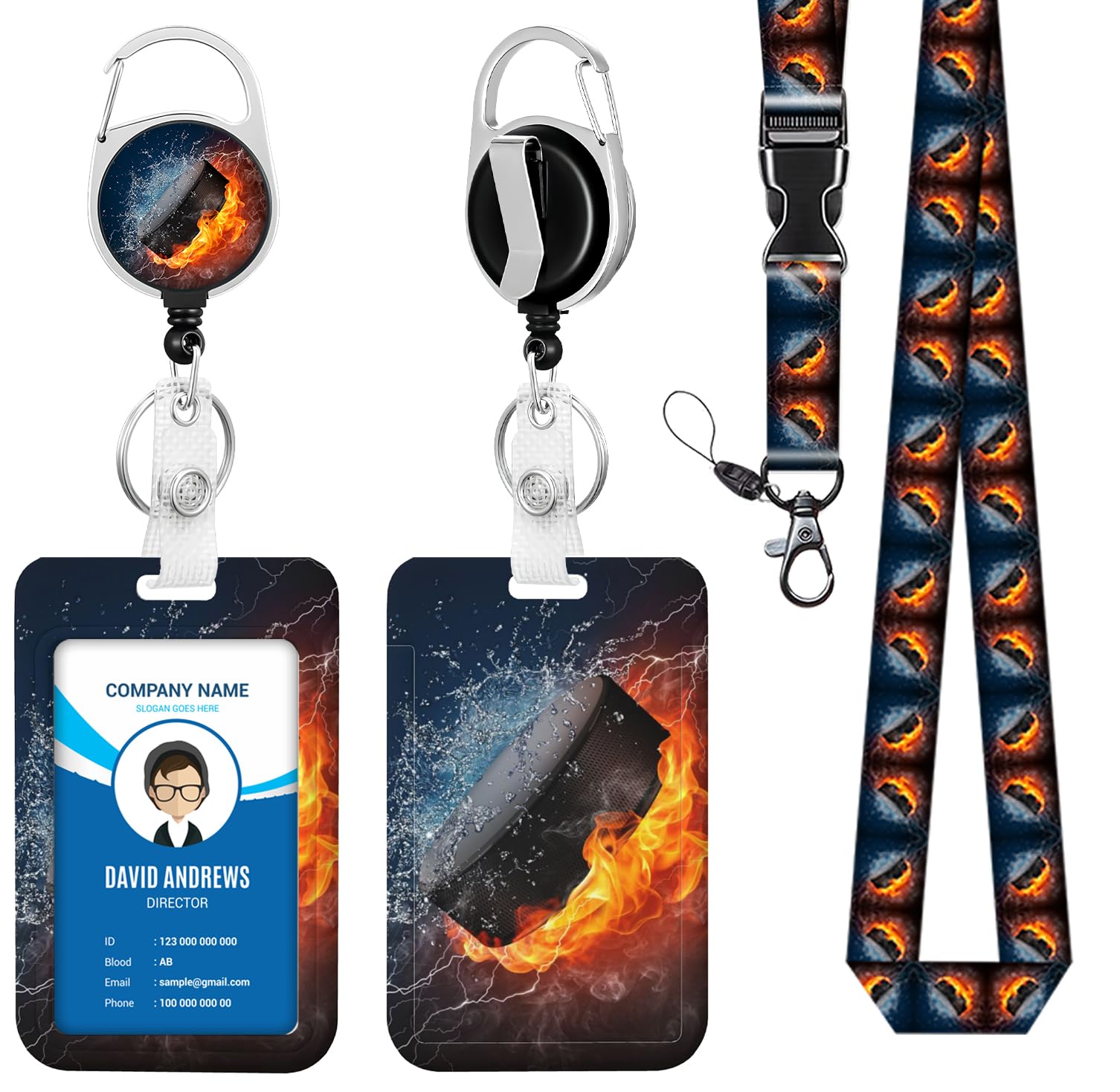 Lanyard for ID Badge Holder Badge Reel Hockey Puck Fire Water for Man Women Cute Nurse Teacher Name Tag Clip Retractable Keychain Heavy Duty Work Office Gifts Accessories