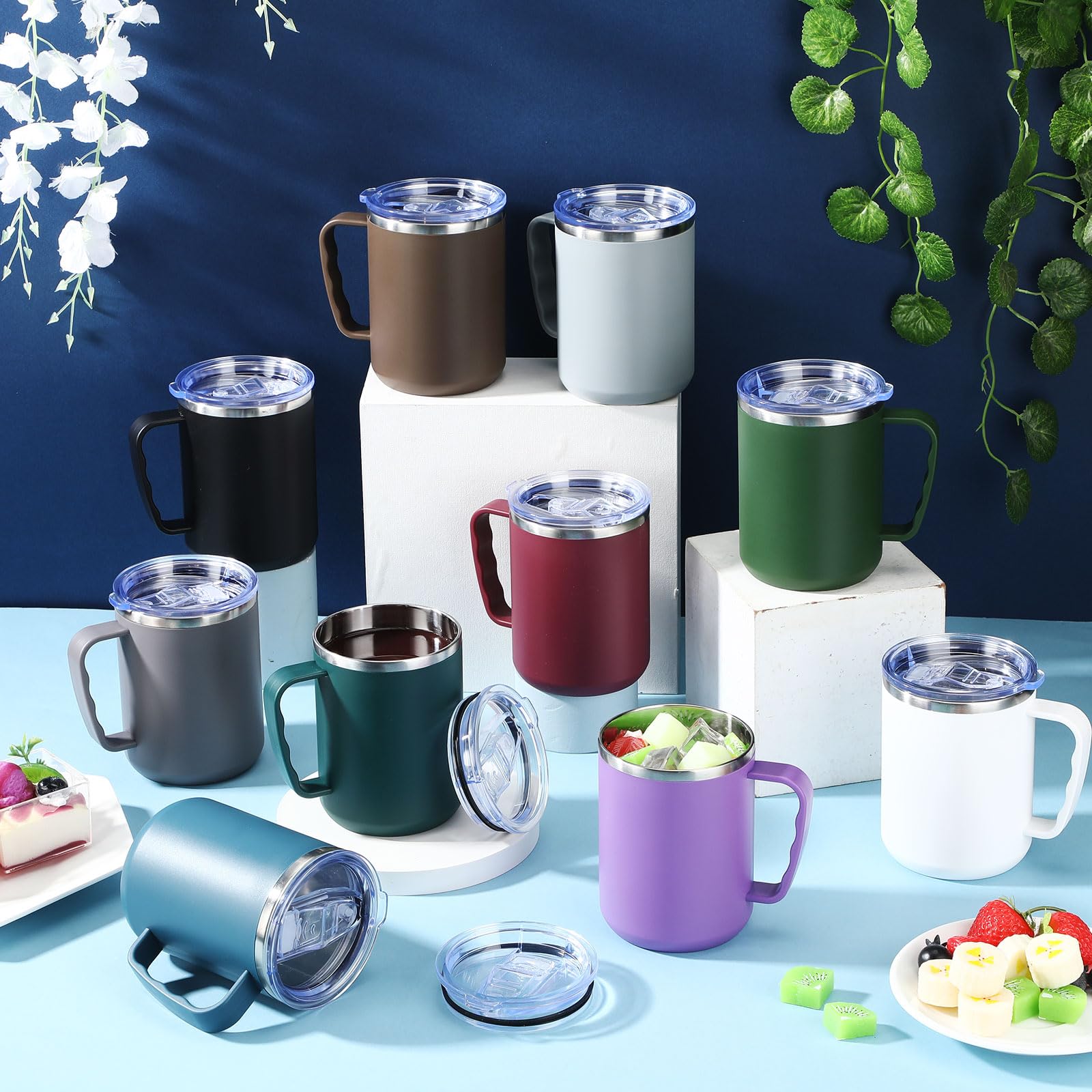 Roshtia 10 tazas de café de viaje reutilizables al vacío con tapa y asa, taza de café aislada de 17 onzas, taza aislada de doble pared de acero inoxidable para hombres, mujeres, hogar, oficina,