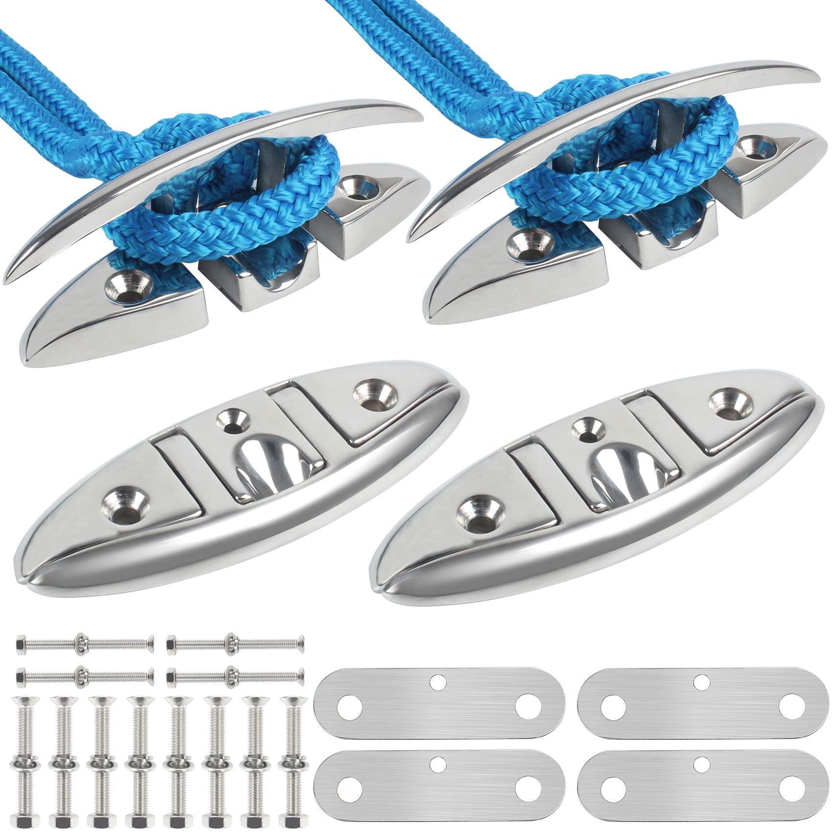 ORLANG 316 Stainless Steel Boat Cleats 5 Inch/6 Inch/8-1/2 Inch,Marine Grade Dock Cleat with Stainless Steel Bolts Fastener,Boat Dock Cleats Folding Dock Cleat (2/4 Pack)