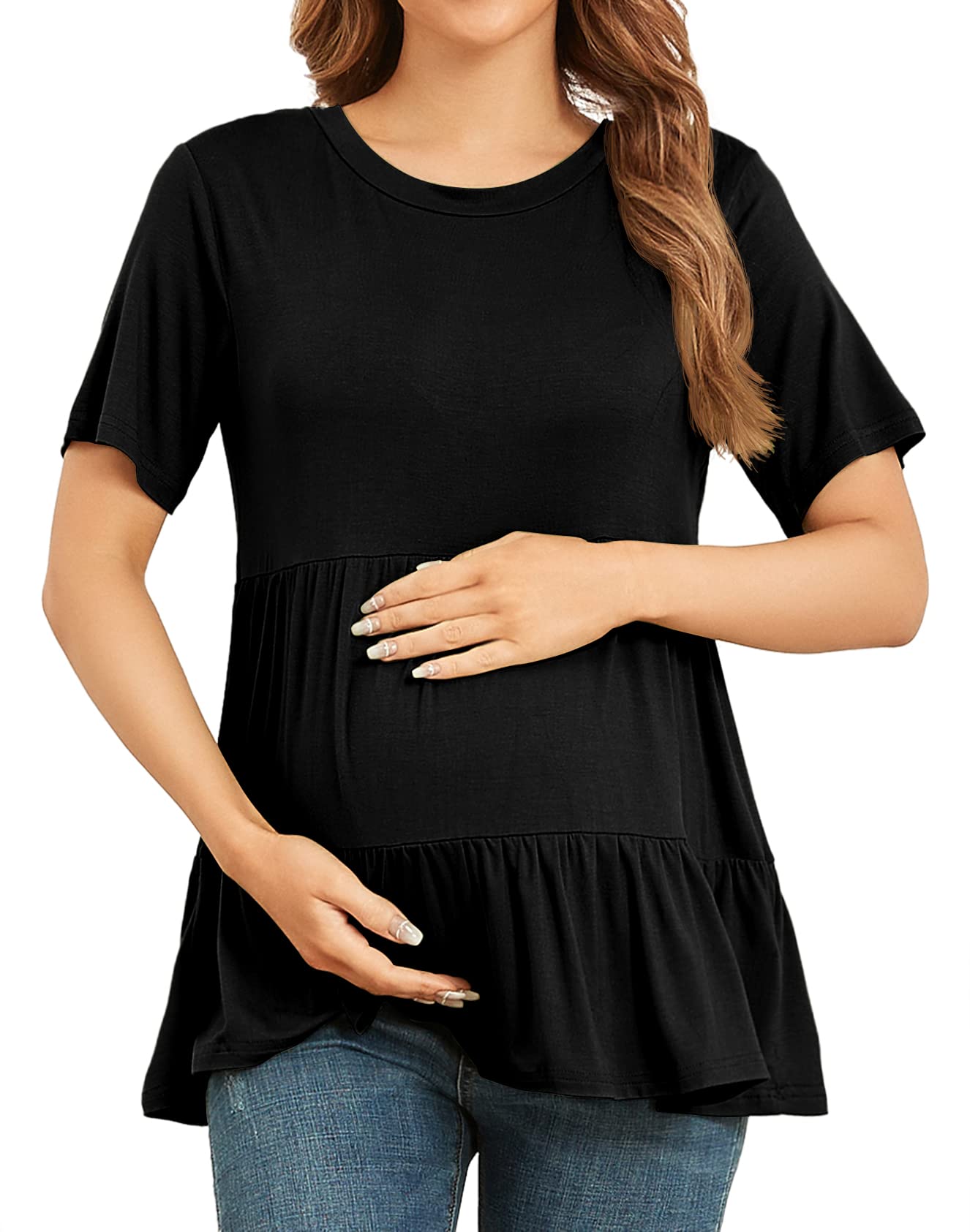 Photo 1 of Xpenyo Women Tiered Maternity Top Fashion Short Sleeve Casual Pregnancy Blouse Shirts Black S