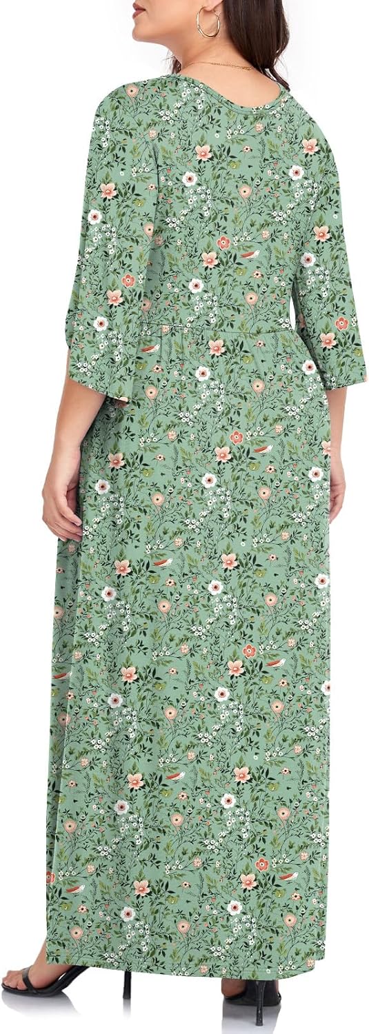 TAOHUADAO Women's Summer Plus Size Dresses Crewneck Ruffle 3/4 Sleeve Casual Maxi Dress - Image 3