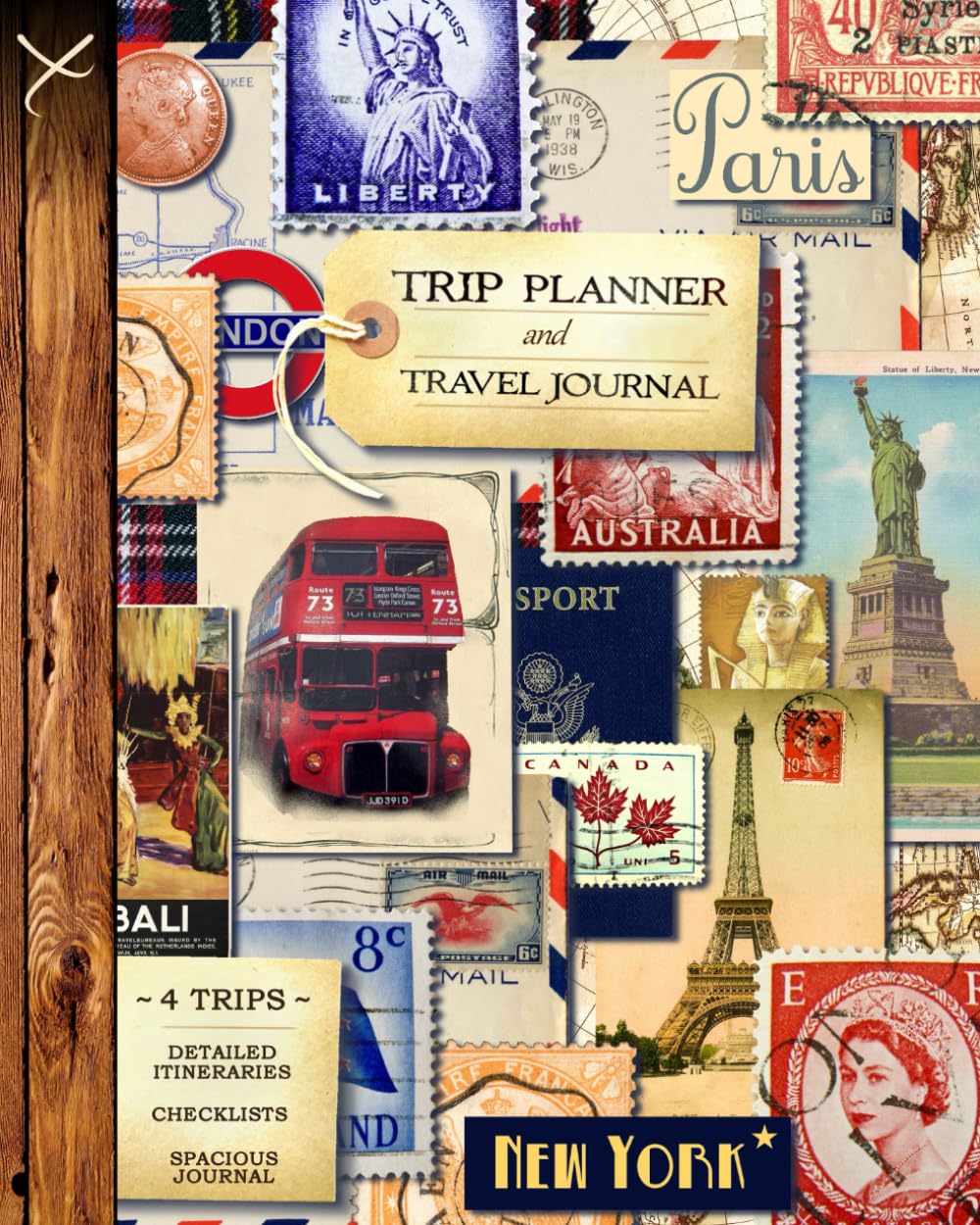 Trip Planner & Travel Journal: Vacation Planner & Diary for 4 Trips, with Checklists, Itinerary & more [ Softback Notebook * Large (8” x 10”) * Vintage Collage ] (Travel Gifts)