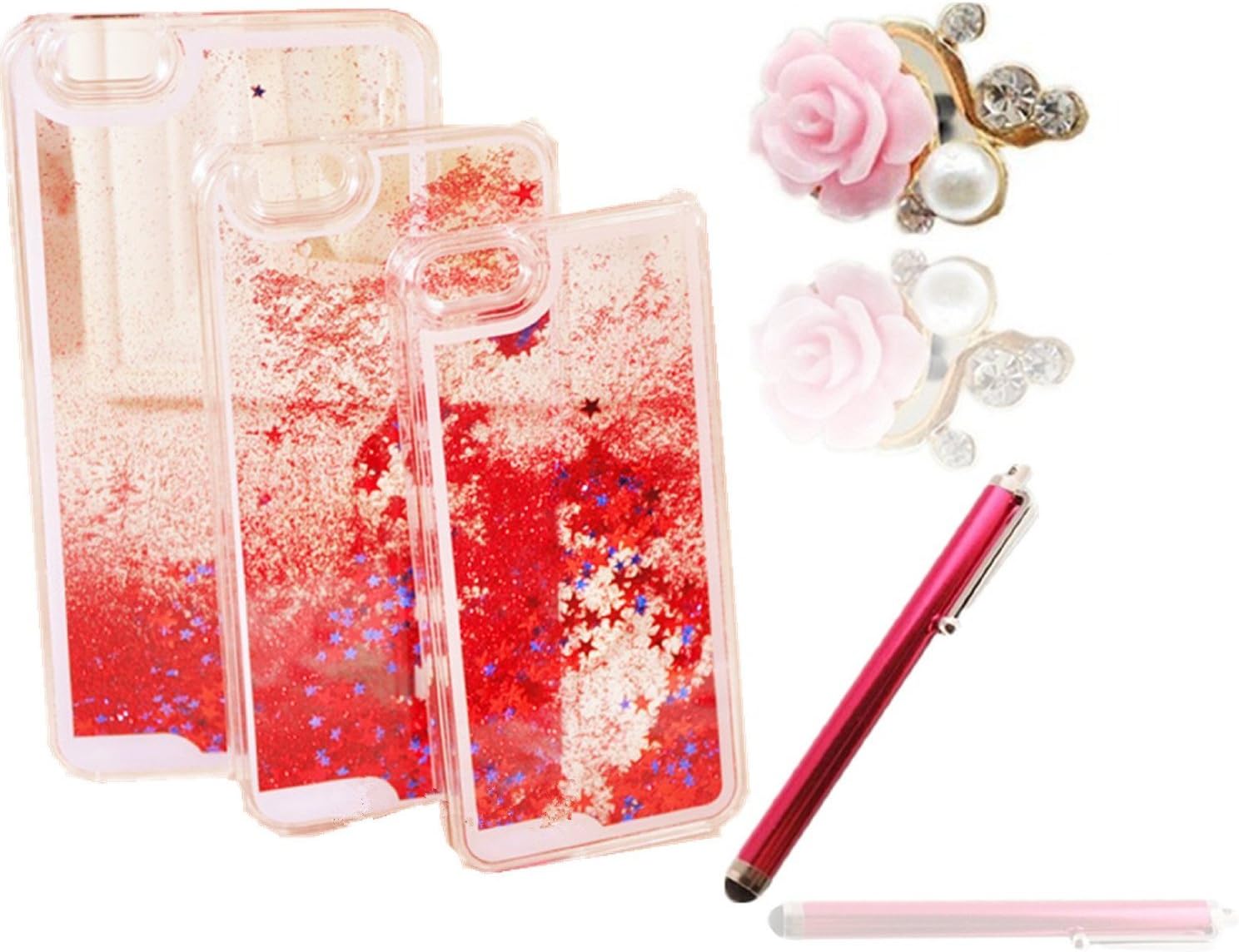 Vandot 3 in1 Accessories Set 3D Stardust Ultra Thin Bling Novelty Creative Flowing Liquid Cover Hart Star Case For Apple iPhone 5 Thin Transparent Clear Quicksand Premium Luxury Glitter Rhinestone Water Matt Pocket Protective Skin Back Hard Cover Shell Case Cover Deep Red + 3.5mm Flower Anti Dust Plug Headset + Sky Blue Metal Touch Pen Stylus Pen