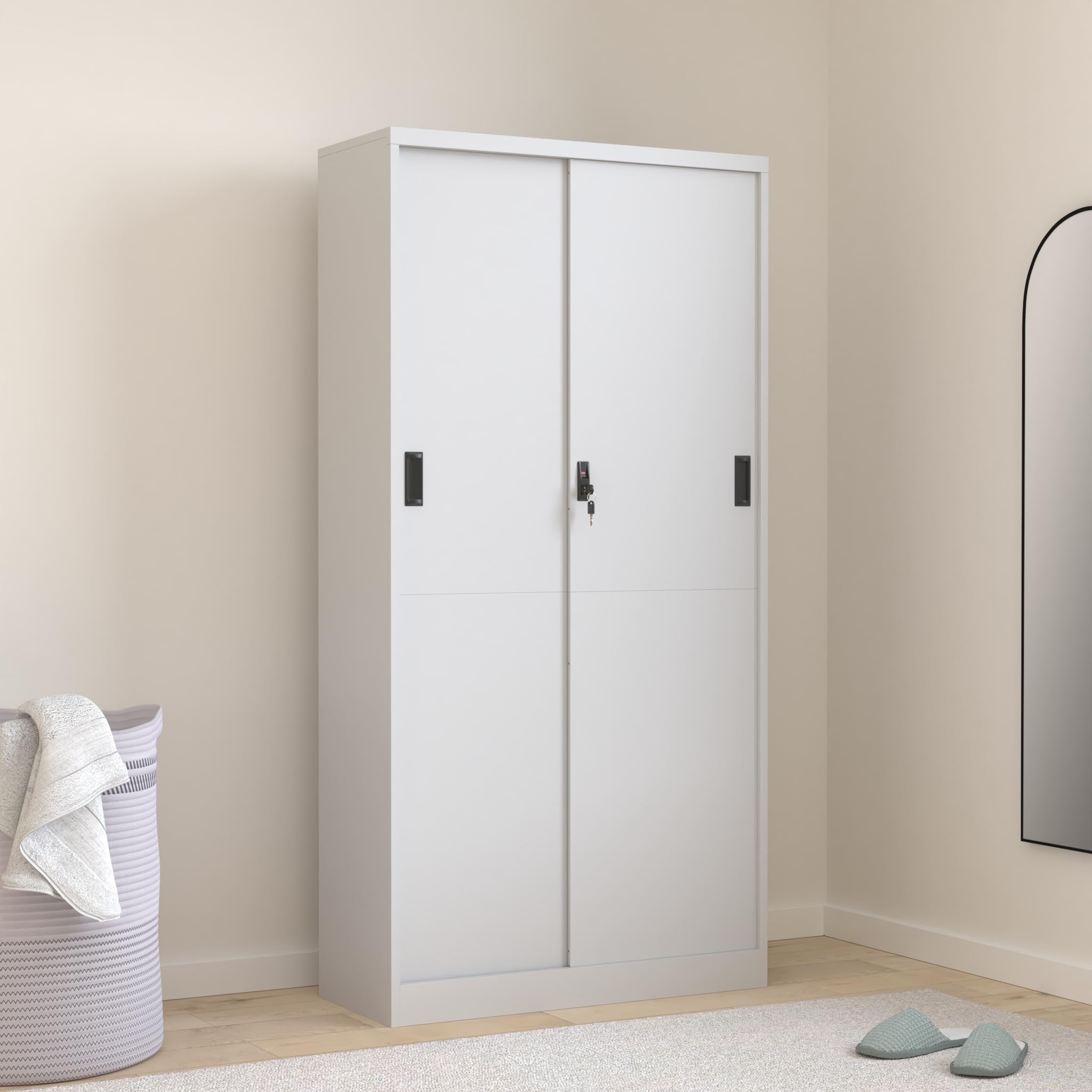 Gecheer Armadio per Ufficio in Acciaio con Ante Scorrevoli, Schedario Metallo, Archivio, Ripiani Regolabili, Serratura, Grigio Chiaro, 90x40x180 cm for Ufficio