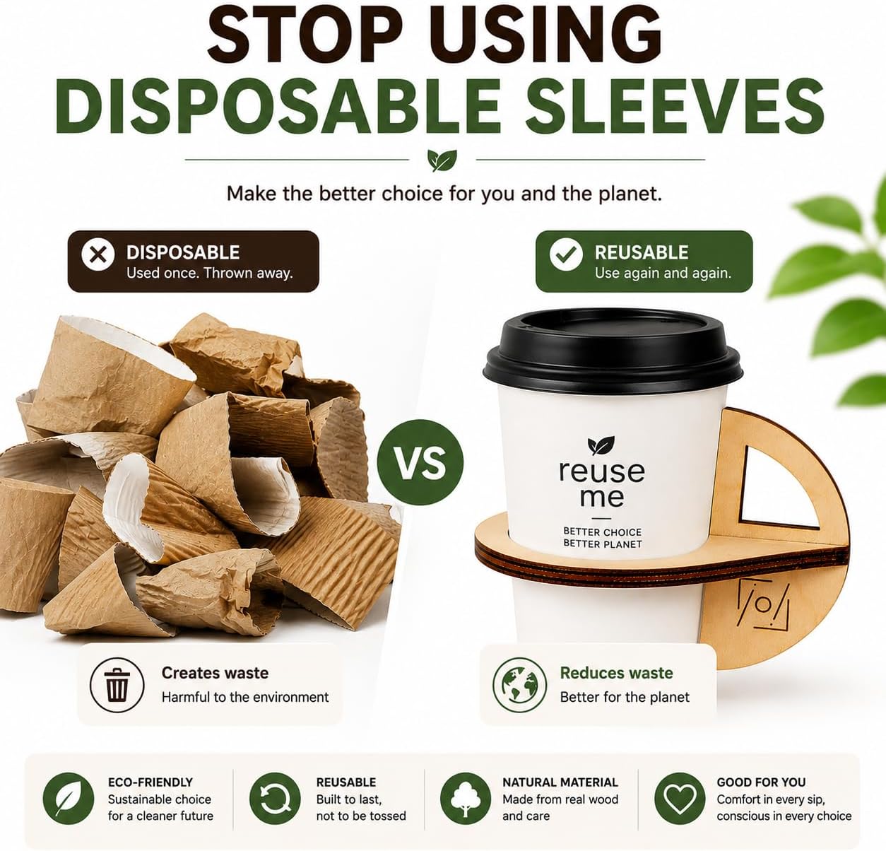 JO! 2-Pack Coffee Cup Holder Wood Sleeve, Reusable, Natural 3.15x4.13in image 4