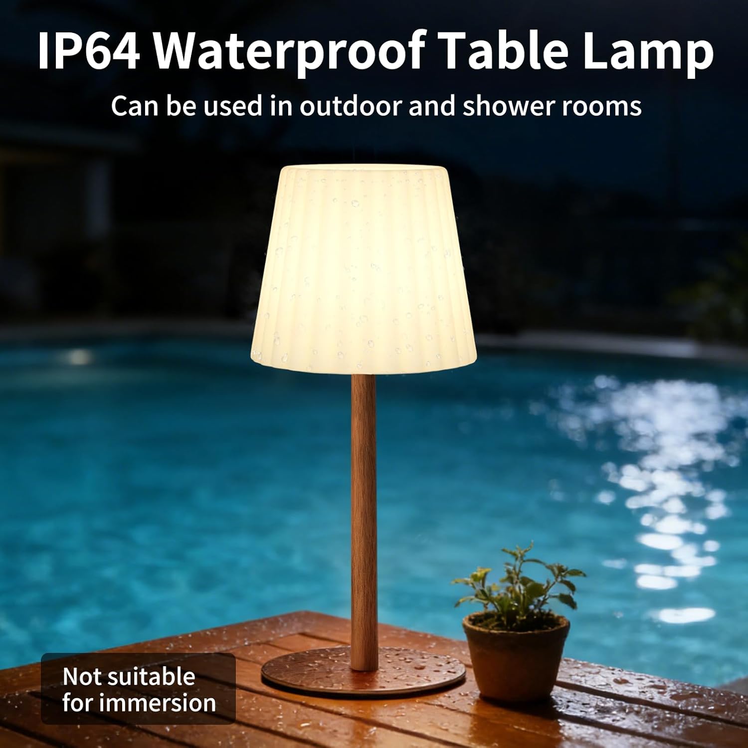 IP64 Waterproof Shower Table Lamp, Remote Control, RGB Color Changing + Neutral White, Dimmable 4000mAh Rechargeable Battery Cordless Lamp, Wood Grain for Patio Bathroom_Ripple