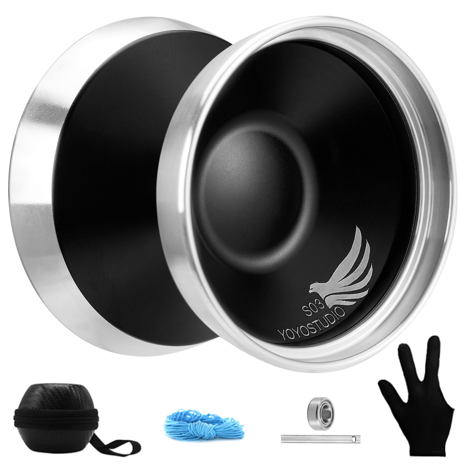 YOYOSTUDIO S03 Black Silver Bi-Metal Yoyo Professional, Unresponsive Yo Yo for Adults, Responsive Yoyos for Kids 8-12 or Above, Trick Yoyo with Yo-Yos Bearing Kit, 10 Yo-yo Strings, Case, Glove