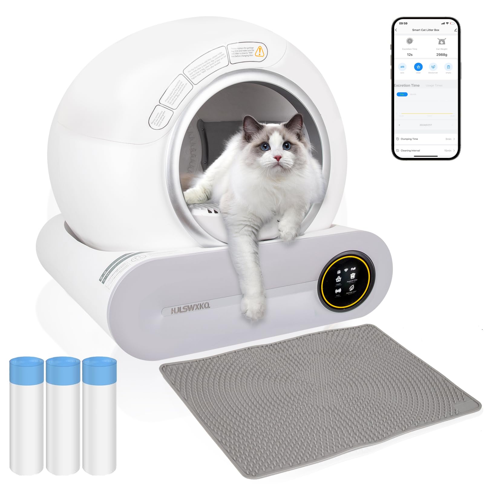 Self-Cleaning Litter Box, Automatic 65 L + 9 L Large Capacity, APP Controlled, Suitable for Multiple Cats - White, Three Rolls of Garbage Bags & a Mat
