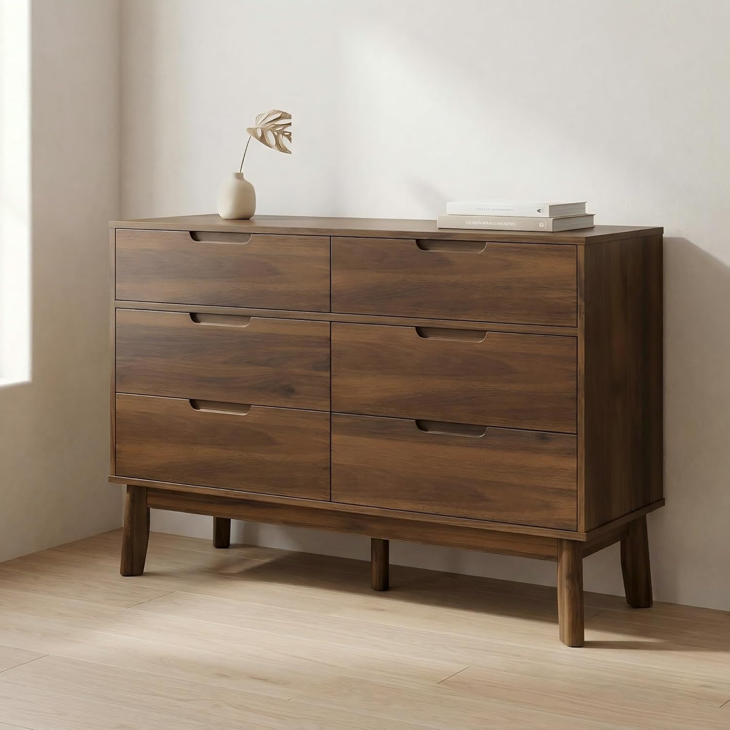 47" Wide Wooden Dresser for Bedroom, Mid-Century Modern 6 Drawer Double Dresser with Dark Wood Grain, Large Horizontal Storage Chest for Living Room, Anti-Tip Kit, Walnut