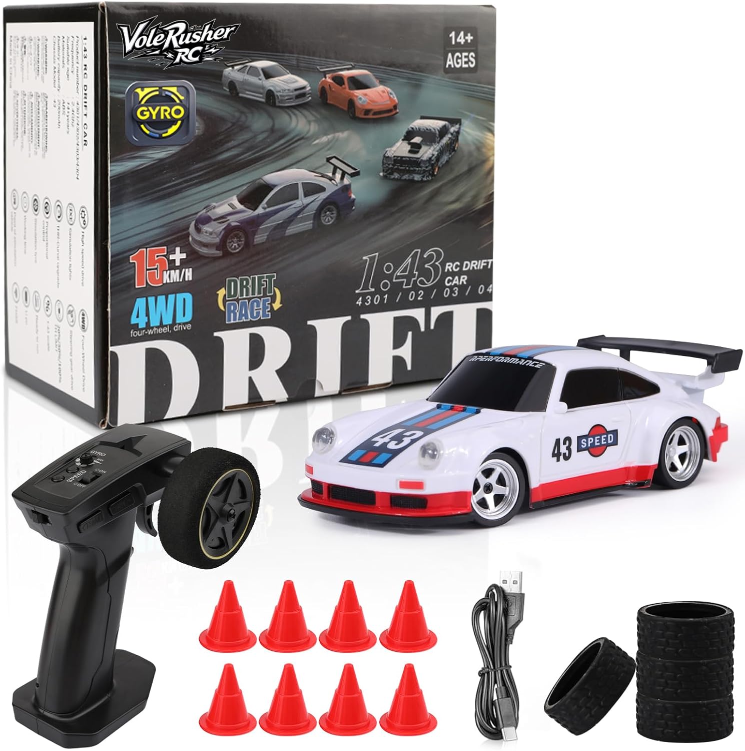 [2025 New Upgrade 1/43 Scale Mini RC Drift Car with Gyroscope, Toys for Age 8-14 Old Birthday Gifts, Micro Small with Full Proportional RTR 2.4GHz Remote 2 Tire Sets 8 Cones - White Red