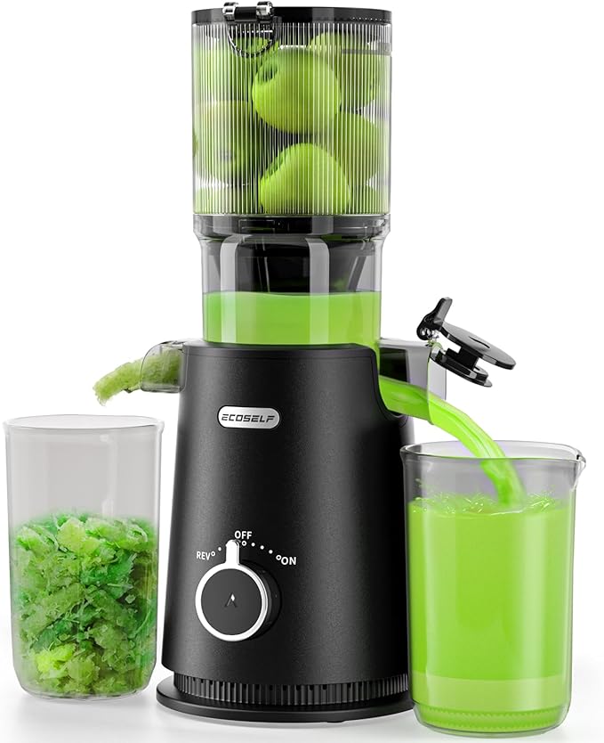 ECOSELF wide mouth cold press juicer, black, with juice and pulp cups