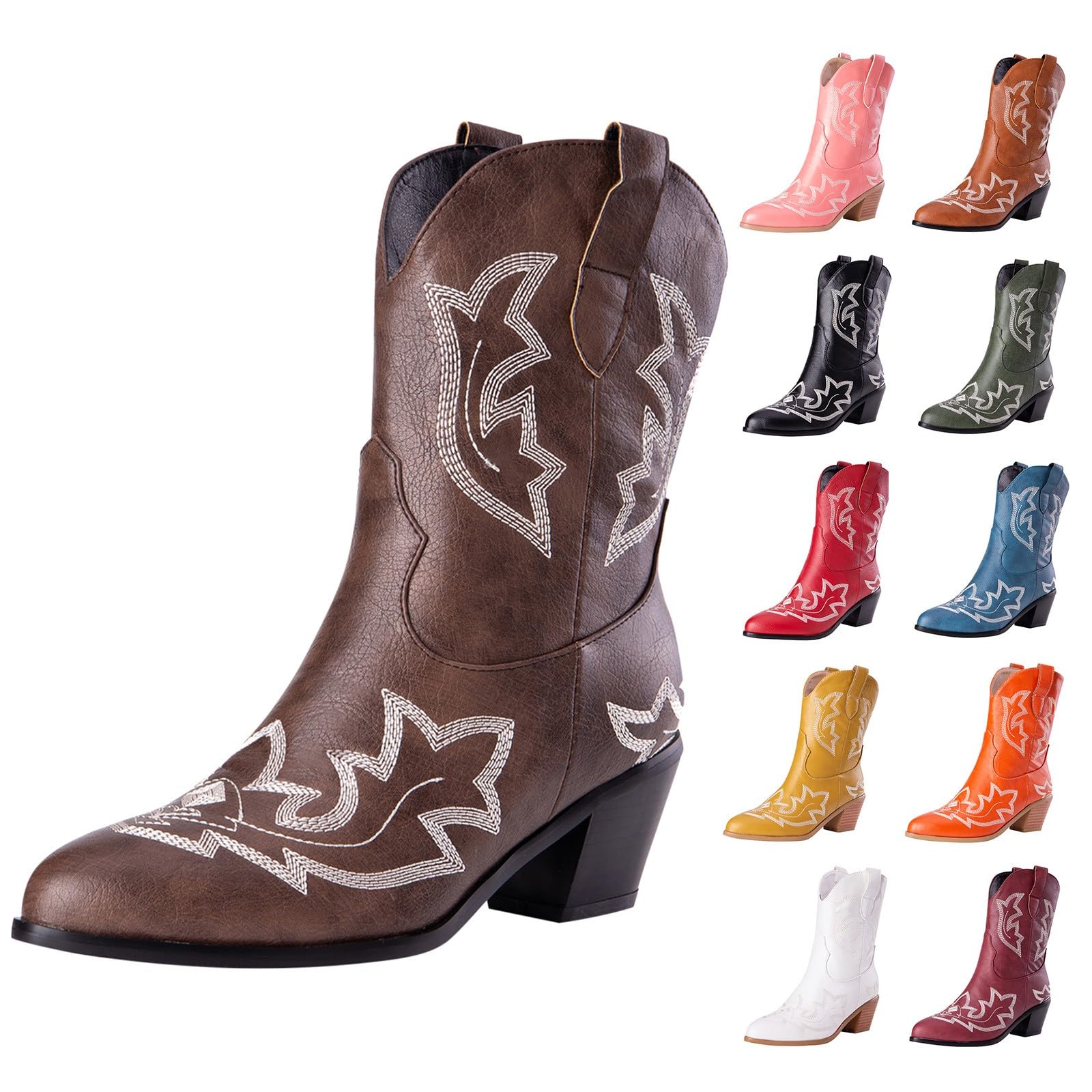 Stivali da donna a metà polpaccio da cowboy western, classici vintage, ricamati, tacco a blocco, in pelle PU, stivali da donna in stile country equitazione western scarpe da sposa, Caff, 44 EU