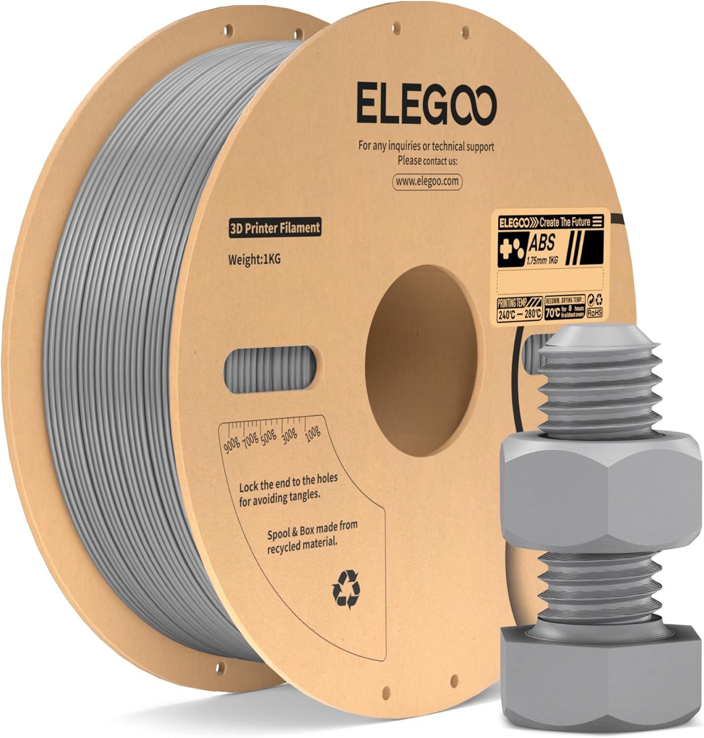 ELEGOO ABS Filament 1.75mm Gray 1KG, Heat Resistant 3D Printer Filament High Toughness & Impact Resistance, 1kg spooll(2.2lbs) Fits for Most FDM Printer