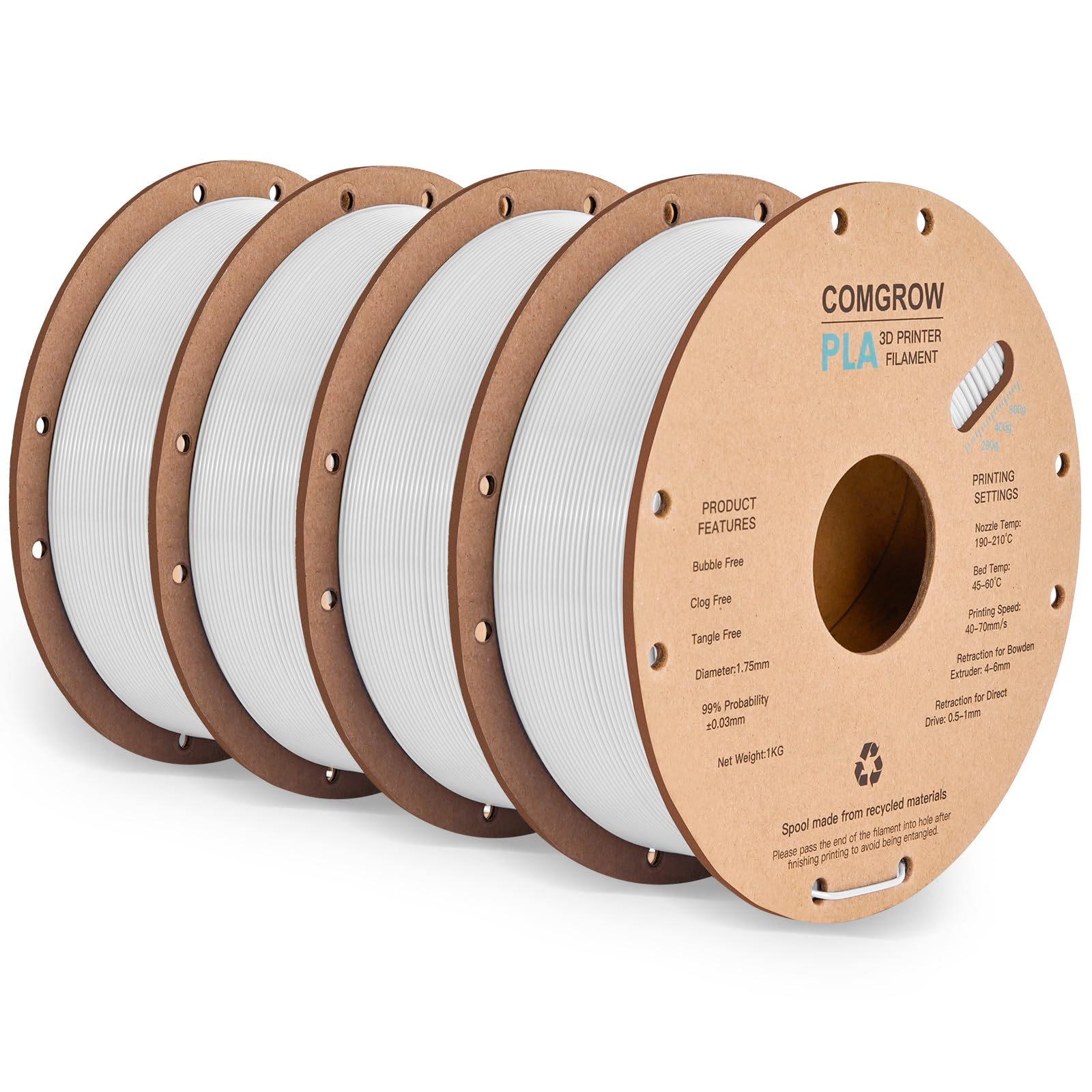 Comgrow PLA 3D Printer Filament, 3D Printer PLA Filament 1.75mm, Dimensional Accuracy +/- 0.02 mm, 4 Rolls of 1KG Spool PLA White
