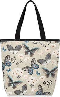 Sacolas de lona com zíper e bolso interno, bolsa de ombro feminina casual bolsa de mão estampa floral de borboleta, bolsas de compras reutilizáveis para cozinha, sacolas de lona para uso para livros, sacolas de compras, sacolas de presente, Multicor