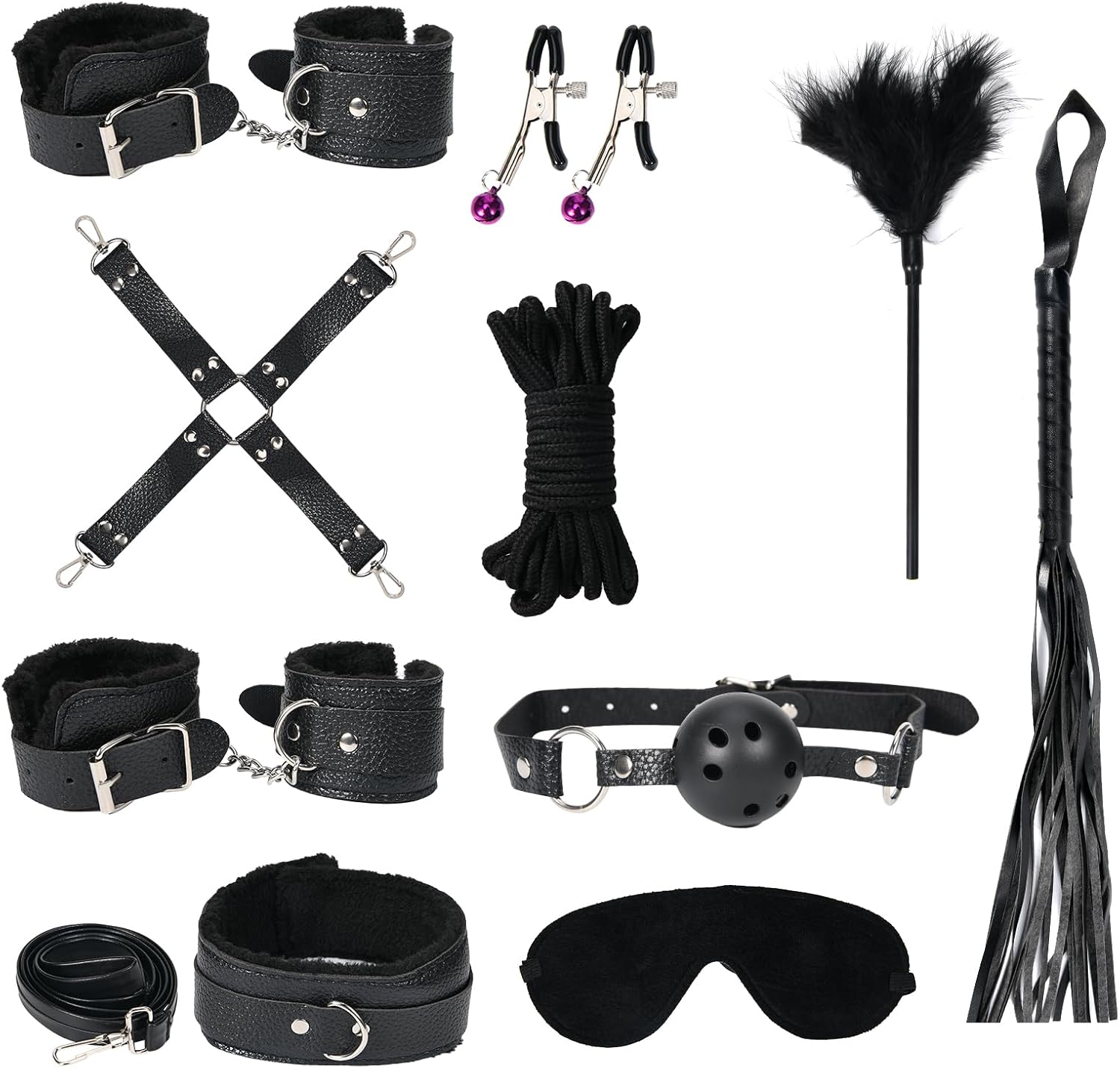 Pack of 10 Sex Bondage BDSM Kit/Gear Restraints, Couples Bondage Gear, Bondage Sets Restraint Kits Handcuffs Ankle Cuffs Blindfold Gag Cross Strap Spank Padle Tickler Bondage Rope Nipple Clamp