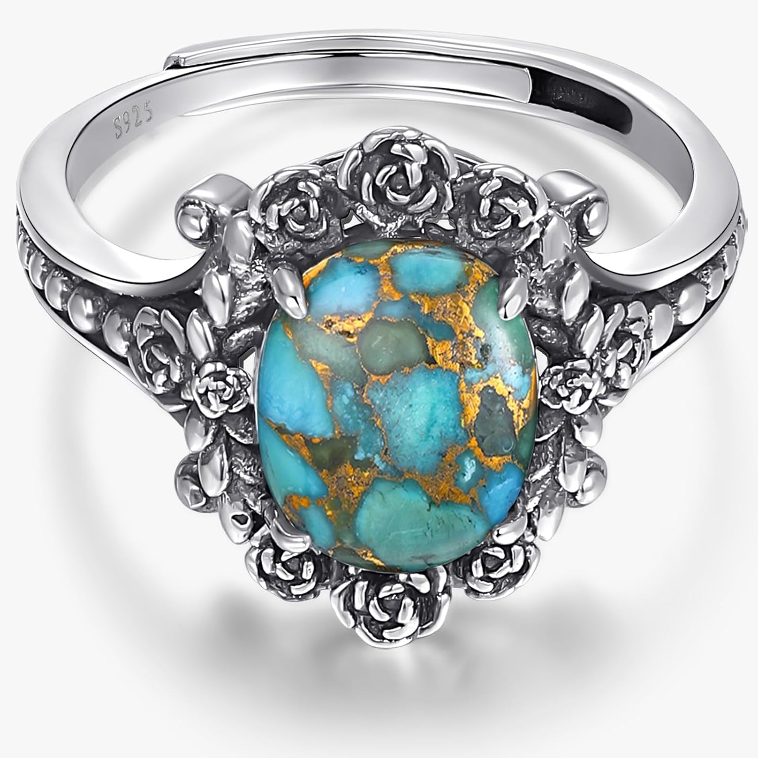 Sterling Silver Ring for Women, Romantic Oxidized Flowers with Oval Turquoise, Bohemian Hippie Adjustable Ring Size 5-9