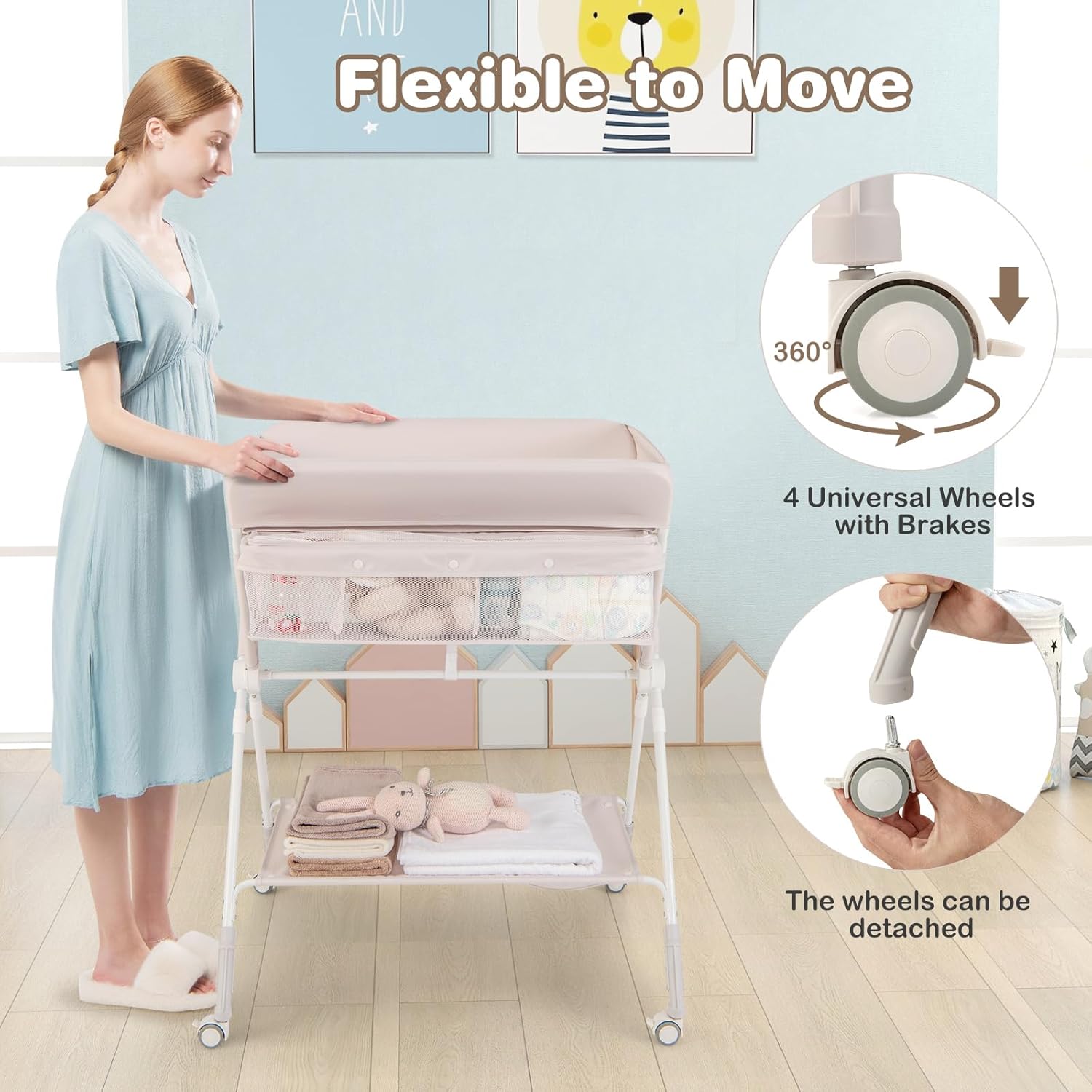 HONEY JOY Changing Table, Folding Mobile Nursery Organizer w/Wheels, Adjustable Height, Storage Bag & Open Shelf, Portable Diaper Changing Station for Newborn Infant (Beige, 32"x26"x39.5")