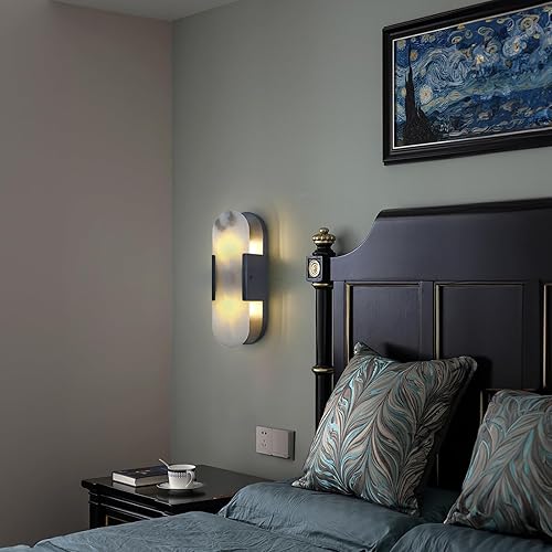Miniatura 4 de Sucelating Apliques de pared de alabastro negro de 13.8 pulgadas, apliques de pared de mármol natural, juego de dos apliques de alabastro para