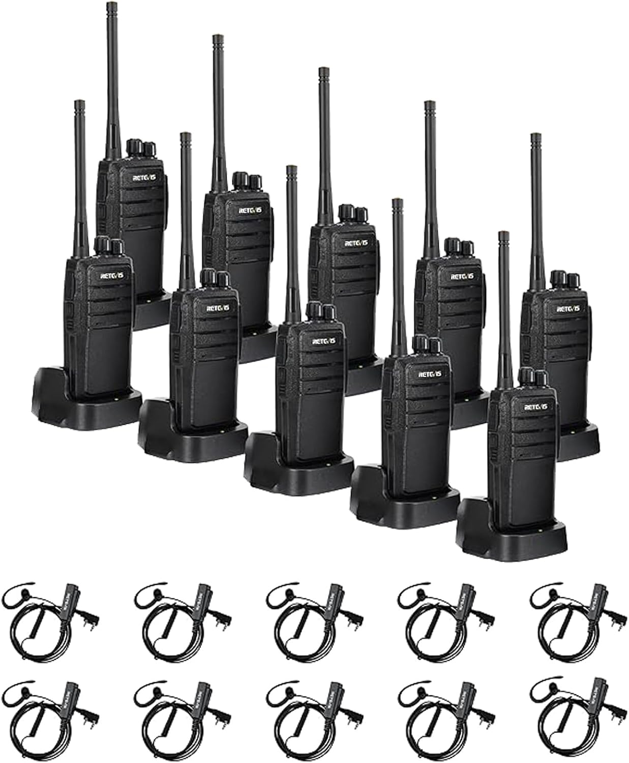 Retevis RT21 Two-Way Radios(10 Pack) with Walkie Talkie Earpiece with Mic(10 Pack), Rechargeable Long Range Walkie Talkies Hand Free 16CH Business 2 Way Radios, Wall Charger Base, 1100mAh Battery
