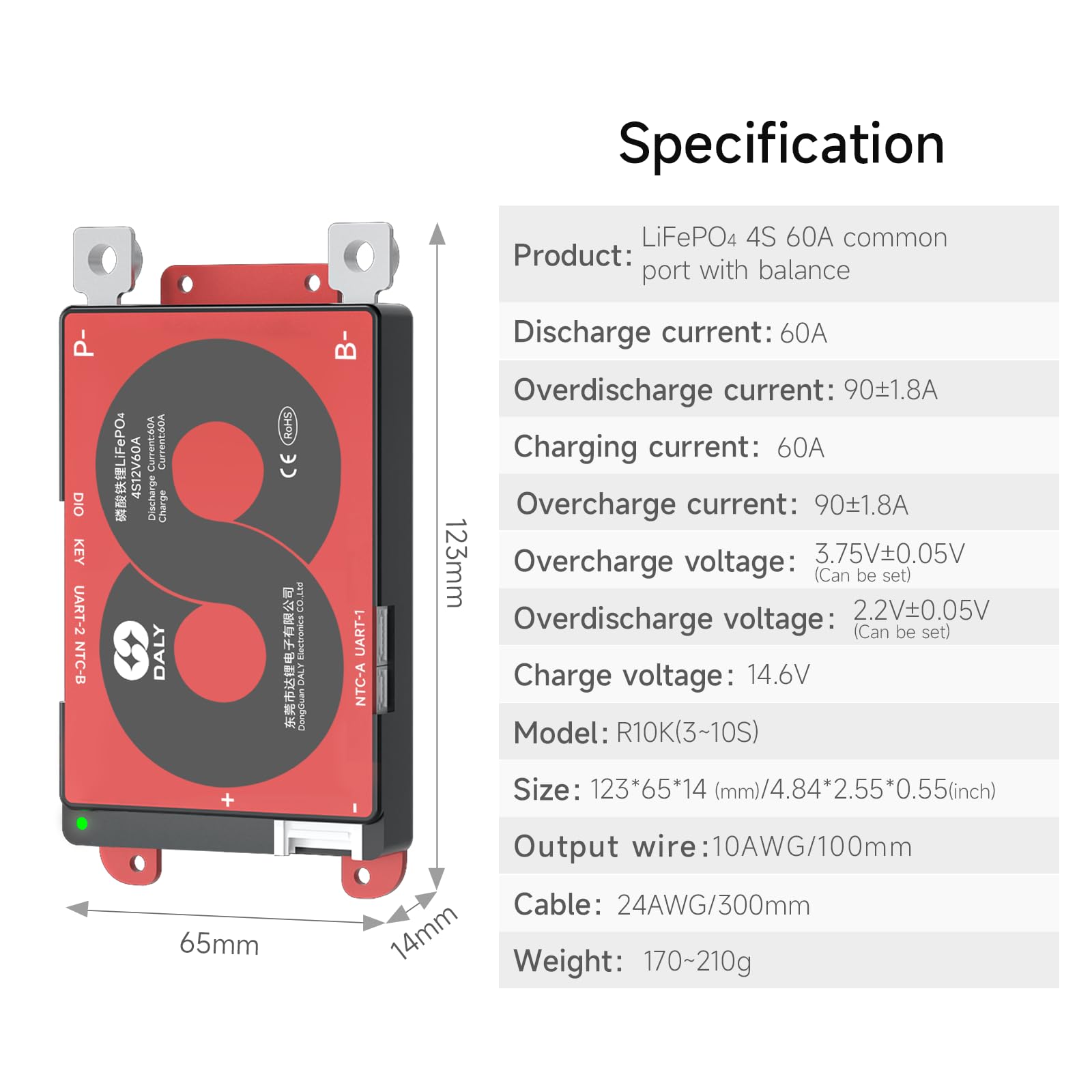 DALY Smart BMS 4S-24S 12V-72V 40A-500A mit Bluetooth-Modul, Batterieschutzplatine für LiFePO4-Akkupack (LifePO4 4S 12V 60A+BT-Modul)