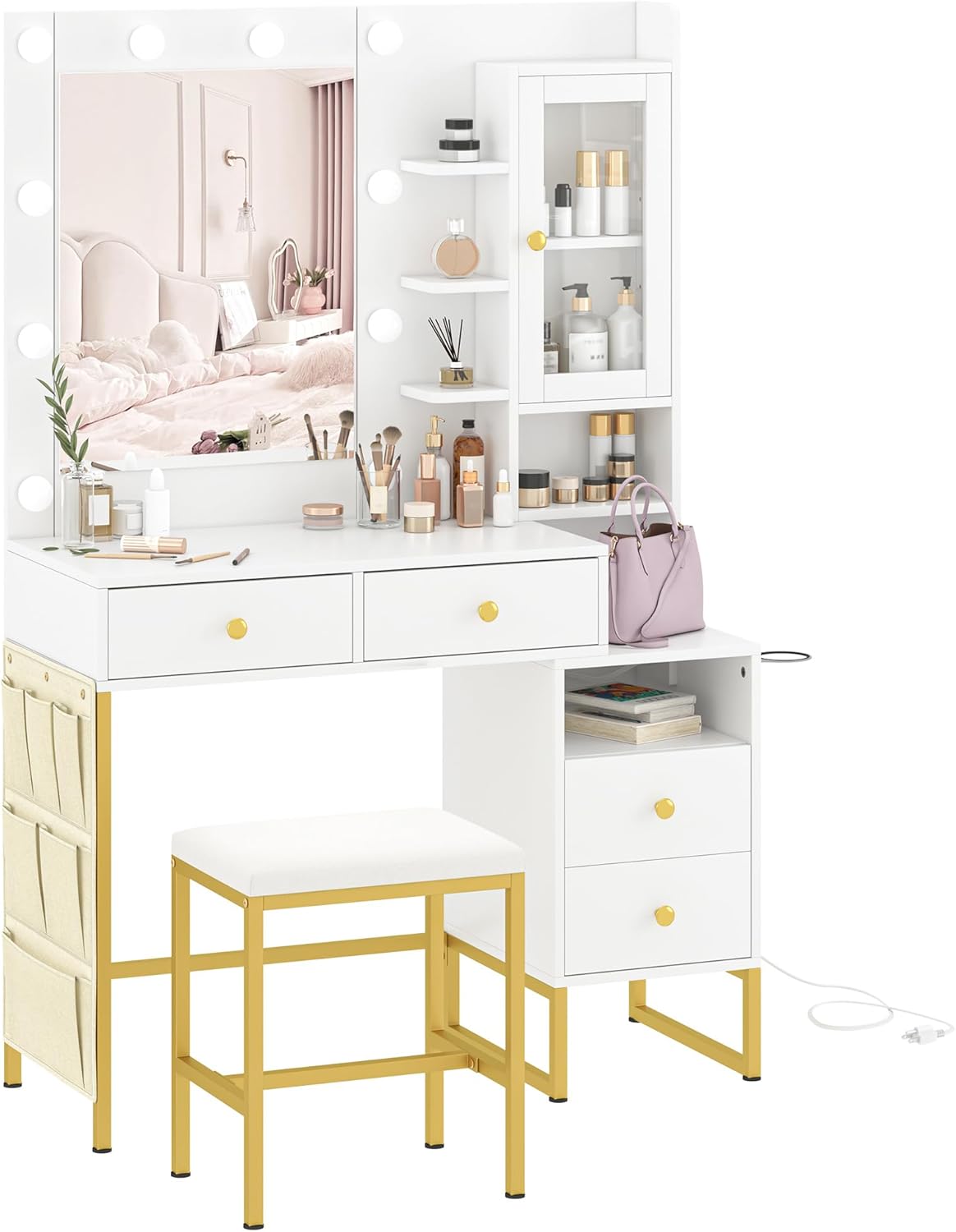 Makeup Vanity Desk with Mirror and 10 Lights, 3-Colour Hollywood Brighter Bulbs, Vanity Table Set with Large Drawers and and Charging Station for Bedroom Dressing Room White