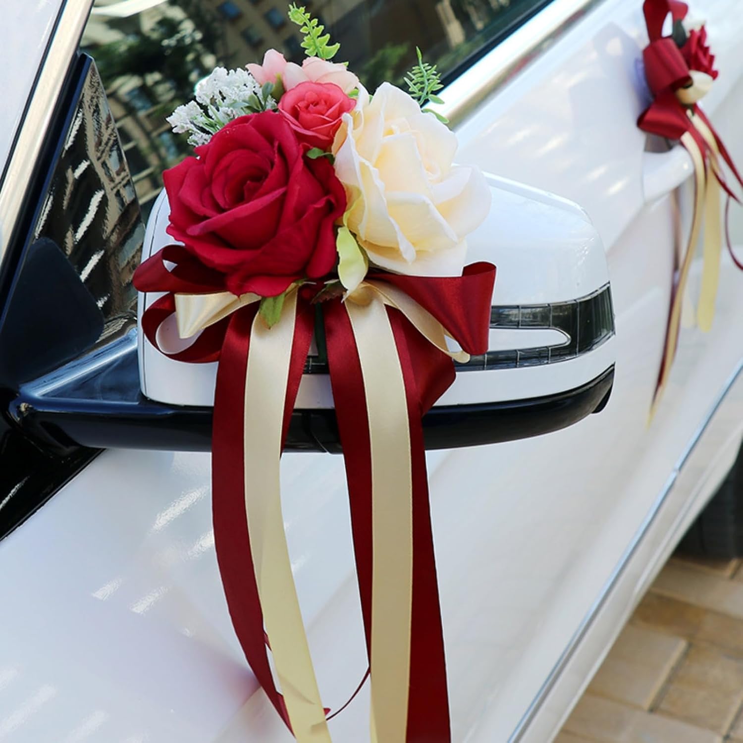 Pack of 2 Wedding Car Decorations Wedding Car Bows Vintage Wedding Artificial Flower with Suction Cups for Car Rear View Mirror Handlebar Rearview Mirror Pack of 2 Champagne