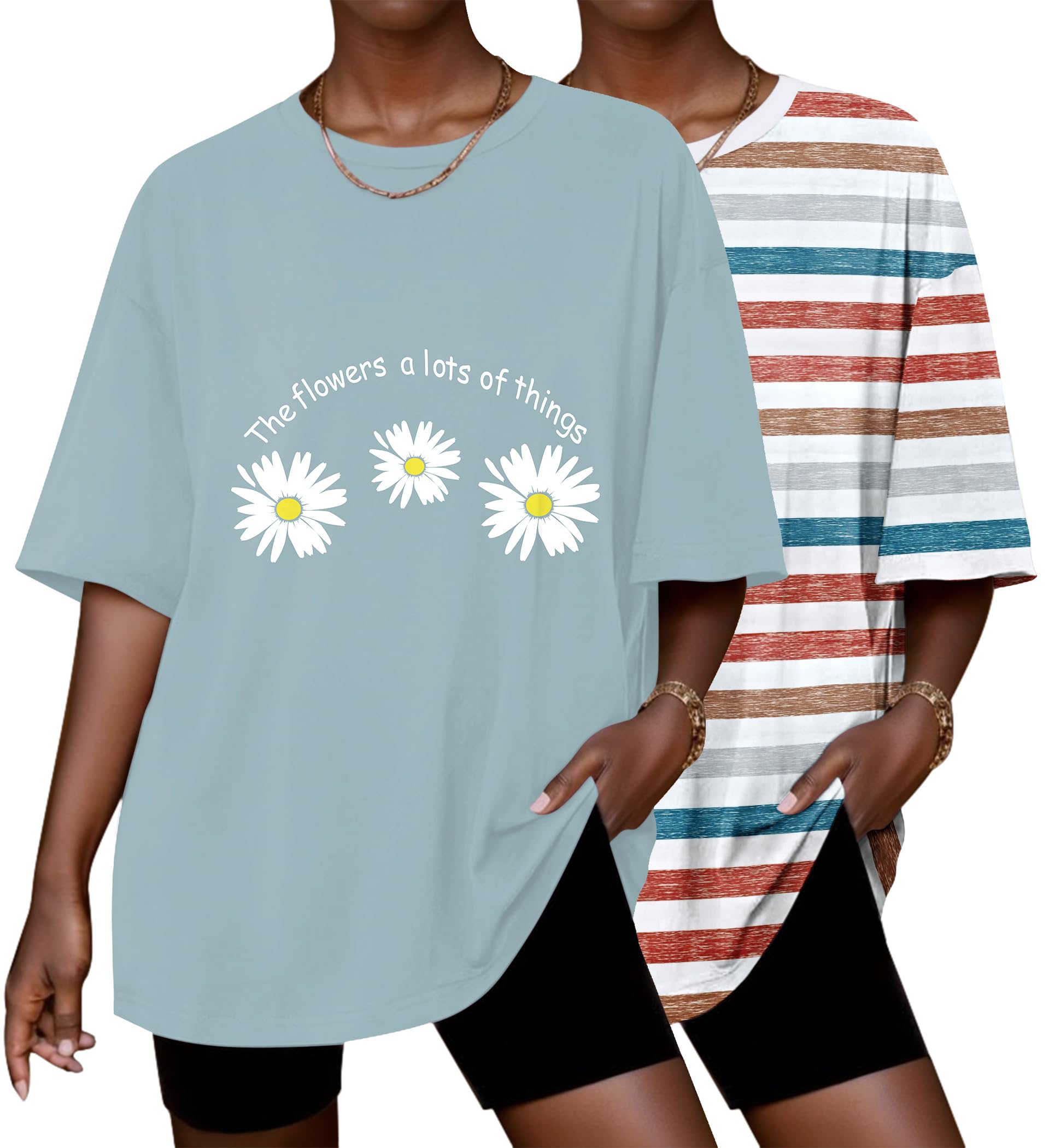 Ekouaer 2 Pack Womens Tops Short Sleeve Oversized T Shirts Casual Clothes