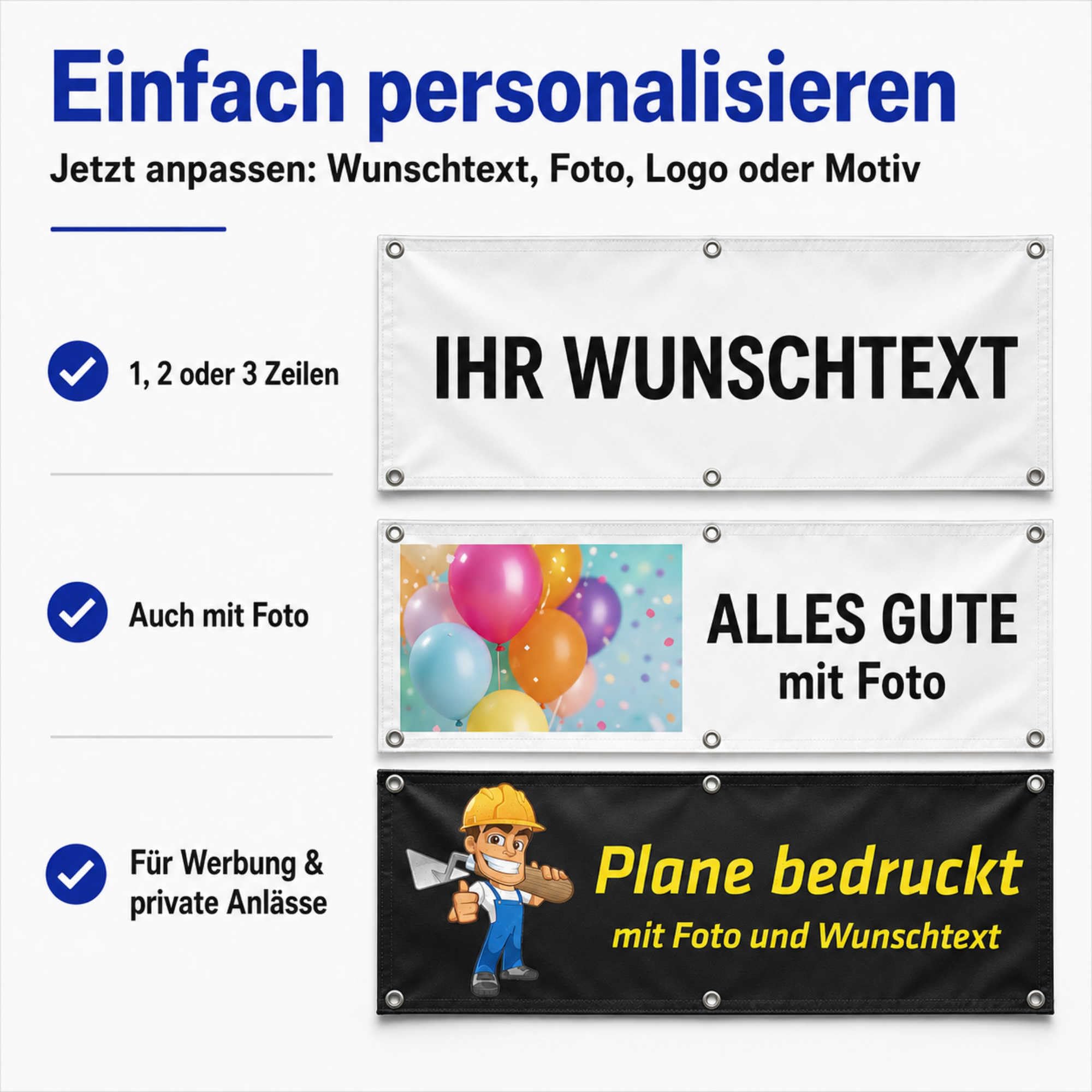 Indigos UG - Banner selbst gestalten - Plane Wasserdicht Gerüstplane - 200x66 cm - mit Wunschtext & Foto - für Baustelle, Garten, Zaun, Konzert, Gerüst - Saum - Ösen - bedruckt