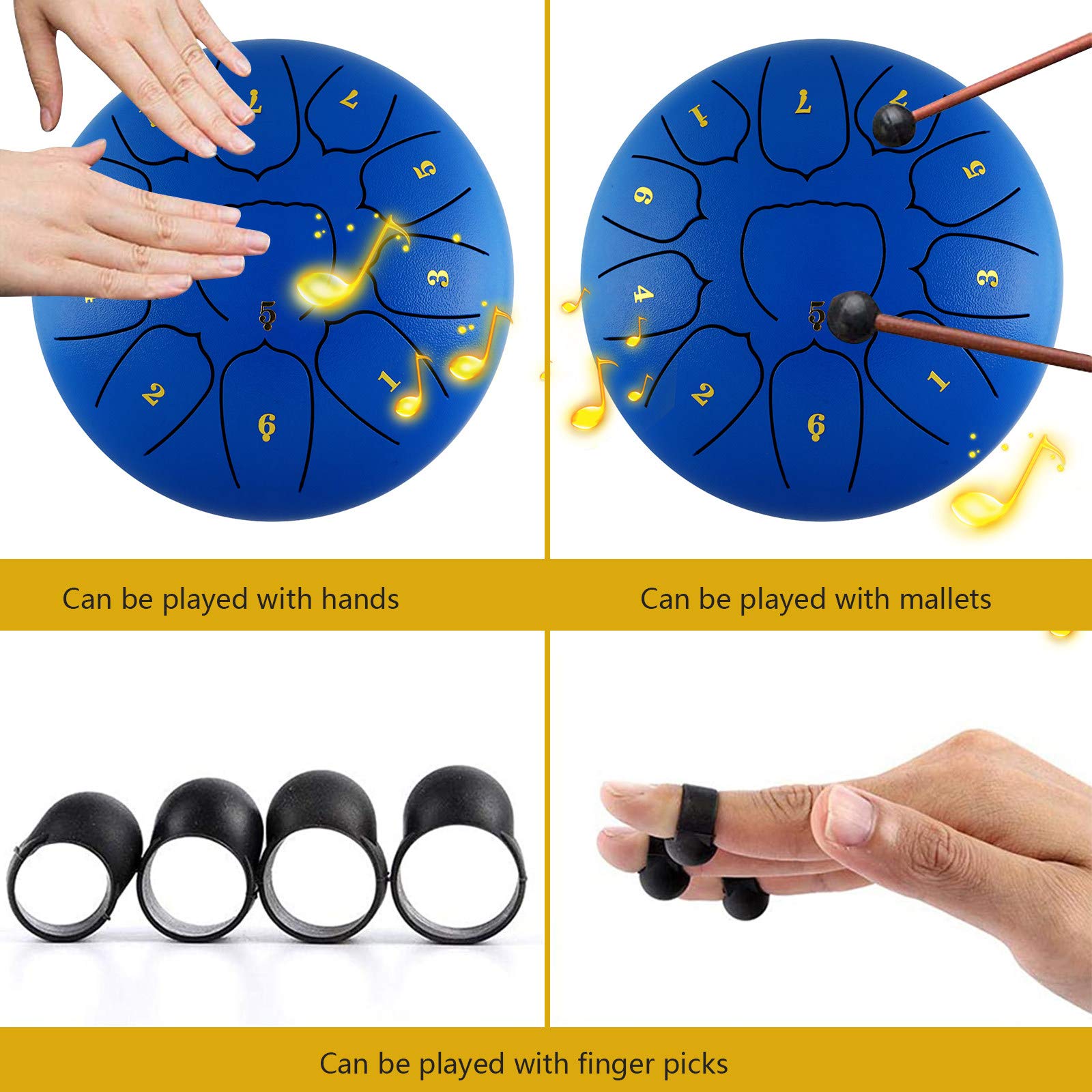 Stalowy bęben językowy, 11 notatek 10 cali Handpan bębny Instrument perkusyjny z wyściełaną torbą podróżną, młotki, naklejki na notatki, książka muzyczna, dla początkujących, niebieski