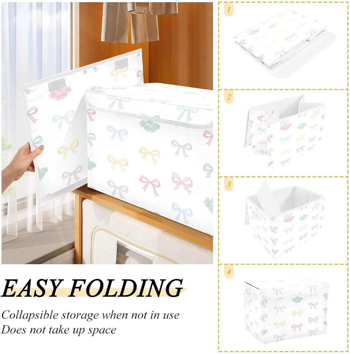 Colorful Bow Fabric Storage Bins with Lids and Handle, Foldable Storage Bins with Lids, Closet Organizers for Clothes Storage Room Organization Office Storage Chest Organizer image 4
