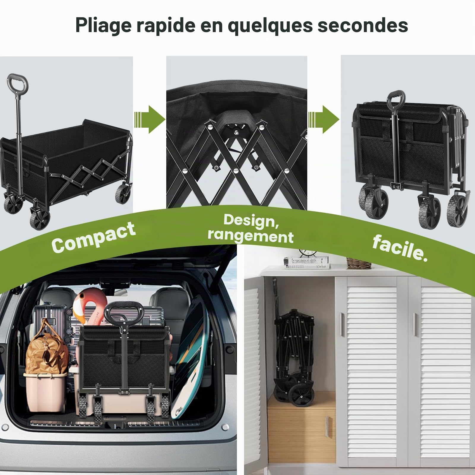 SURFOU Chariot Pliable - Charge maximale : 160 kg et Volume : 120 l - avec pneus Tout-Terrain à 360 ° - Châssis en Acier Robuste et bâche résistante aux intempéries - Idéal pour Le Camping, la Plage
