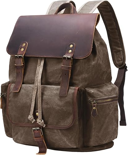 Miniatura 10 de Mochila de lona encerada vintage casual de cuero genuino para computadora portátil, mochila de hombro para viajes/senderismo/escuela, Café, Grande,