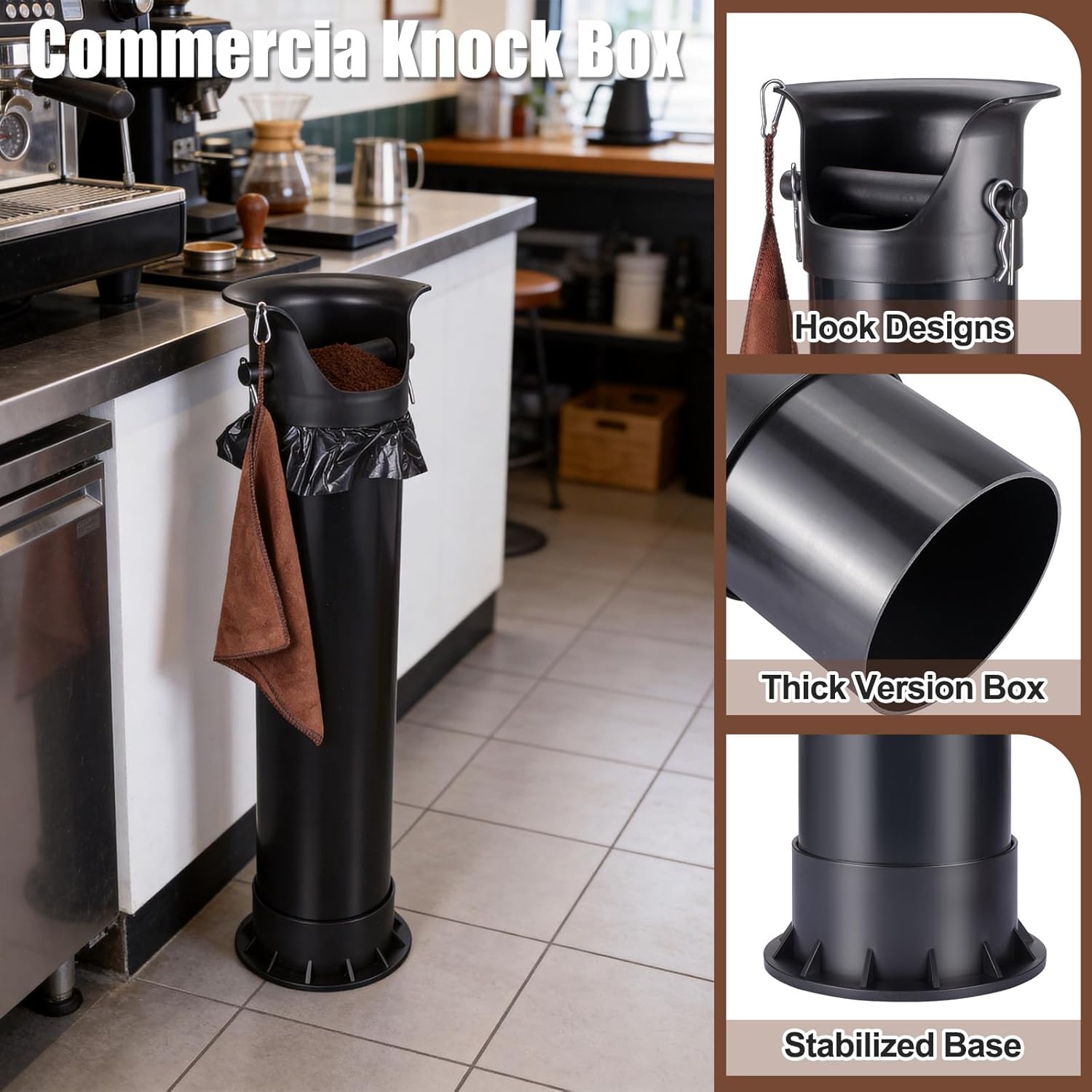 18L Coffee Knock Box Large Capacity Floor-Standing- Commercial Espresso Grounds Bin with Brush, Towel & 25 Bags for Coffee Shops/Bars/Home (35×9.8×9.6in)