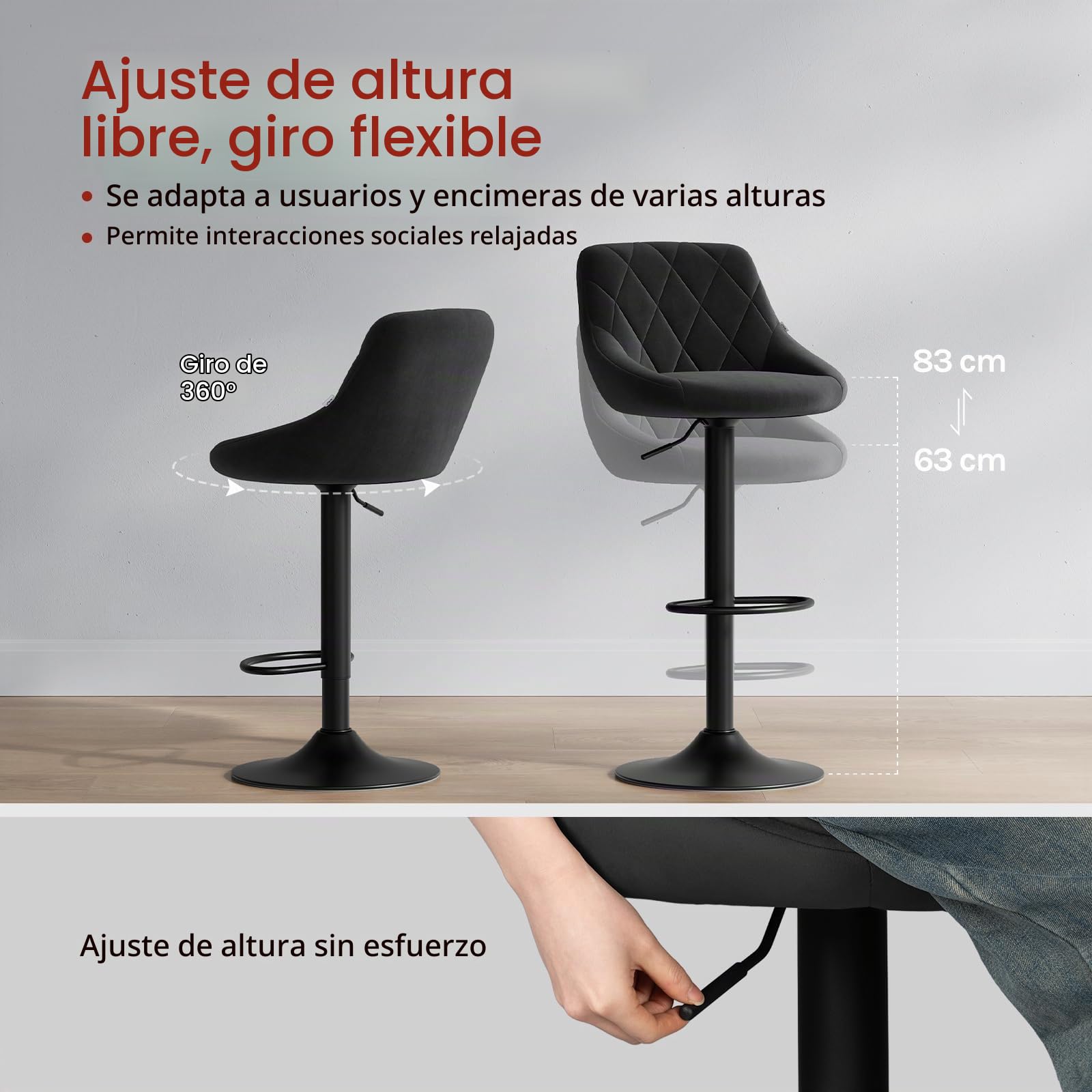 WOLTU Taburetes de Bar Terciopelo Regulable en Altura, Negro | con Respaldo, para Comedor, Salón y Cafetería