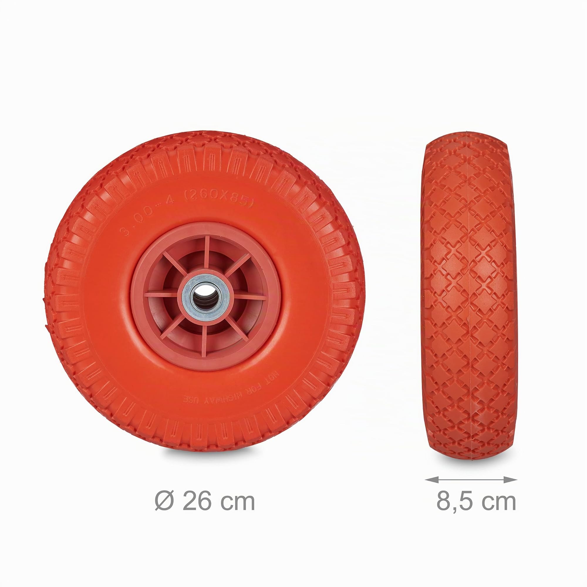 Relaxdays 2 Ruedas Carretillo, 3.00-4, 260x85 mm, Neumático de Goma Maciza; Antipinchazos, Eje 20 mm, hasta 80 kg; Rojo