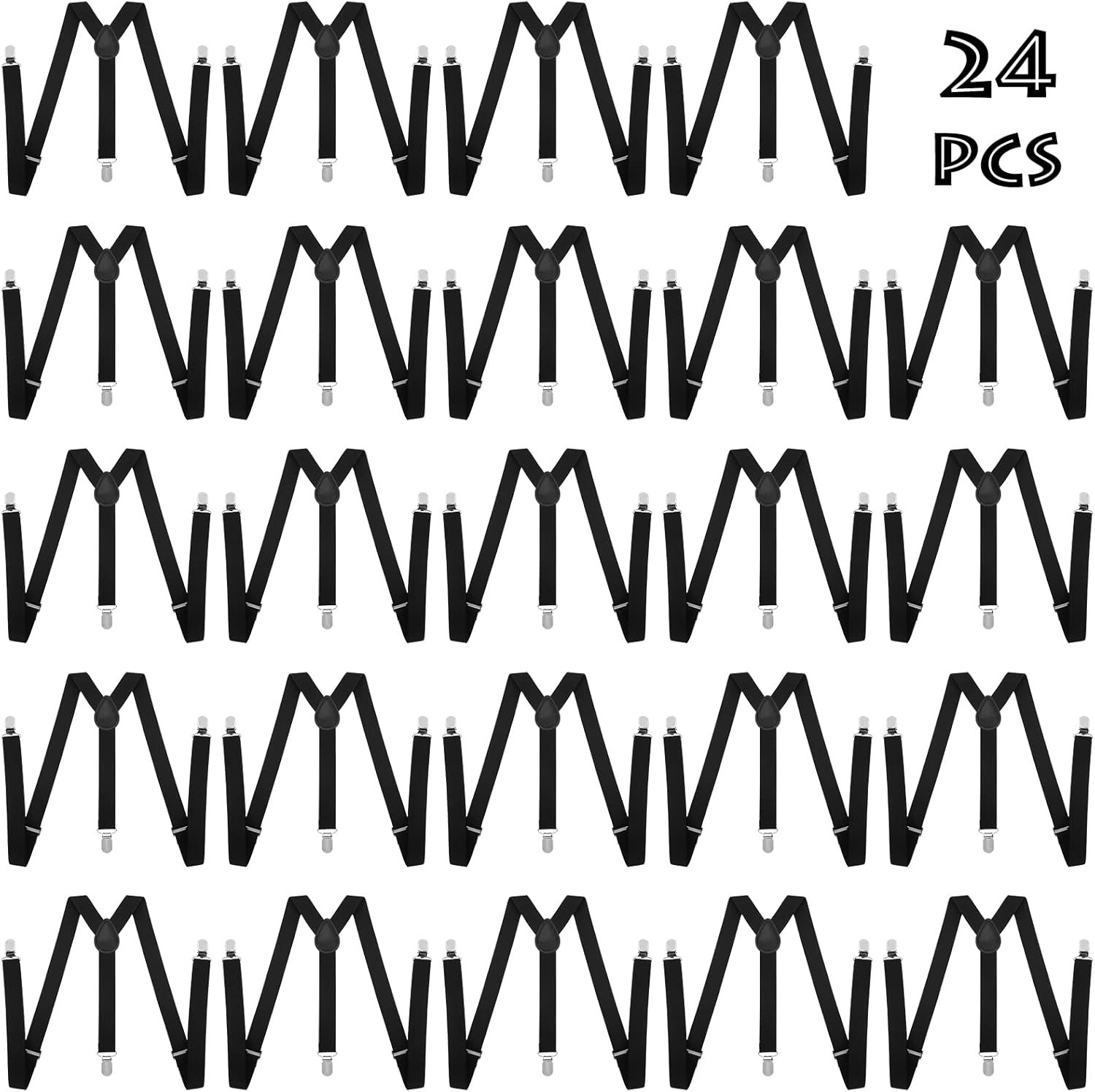 Seematn 24 Pack Black Suspenders for Men Women, Adjustable Elastic Y Back Braces with Heavy Duty Clips, Ideal for Work, Weddings, Events, Staff Uniforms & Group Costumes