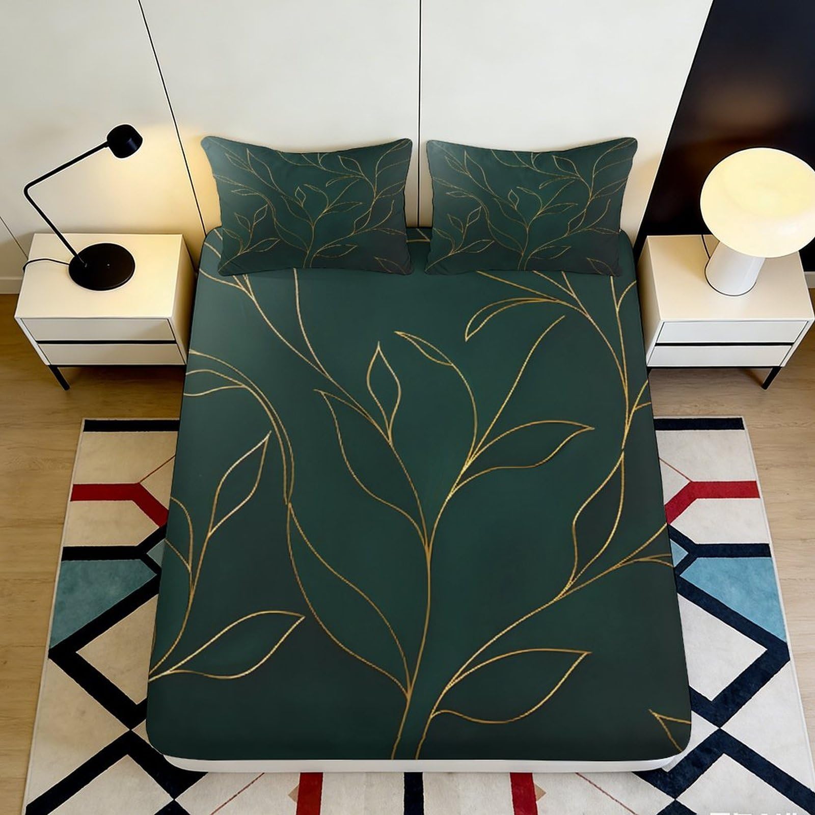Pnayamiorkfel Style-9 3D Printed Golden Leaf Fitted Sheet Microfiber Soft Breathable Green Botanical Mattress Cover For Bedroom Decor Protection 90X200x25cm