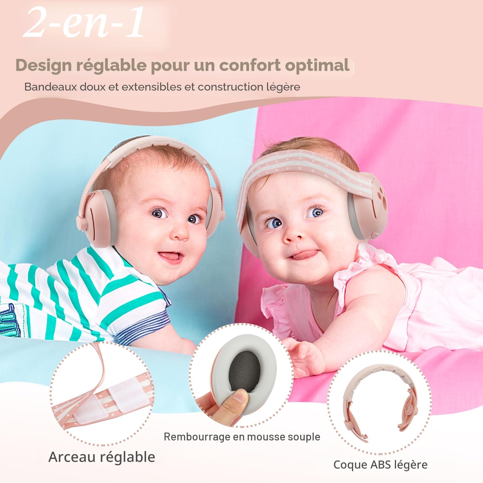 Cache-oreilles 2 en 1 pour Bébé, Casque Antibruit Bébé,Casque Anti Bruit Bebe pour Protection Contre le Bruit (0-4 ans), Réduction de Bruit de 25dB, Bandeau Réglable et Coque ABS Légère