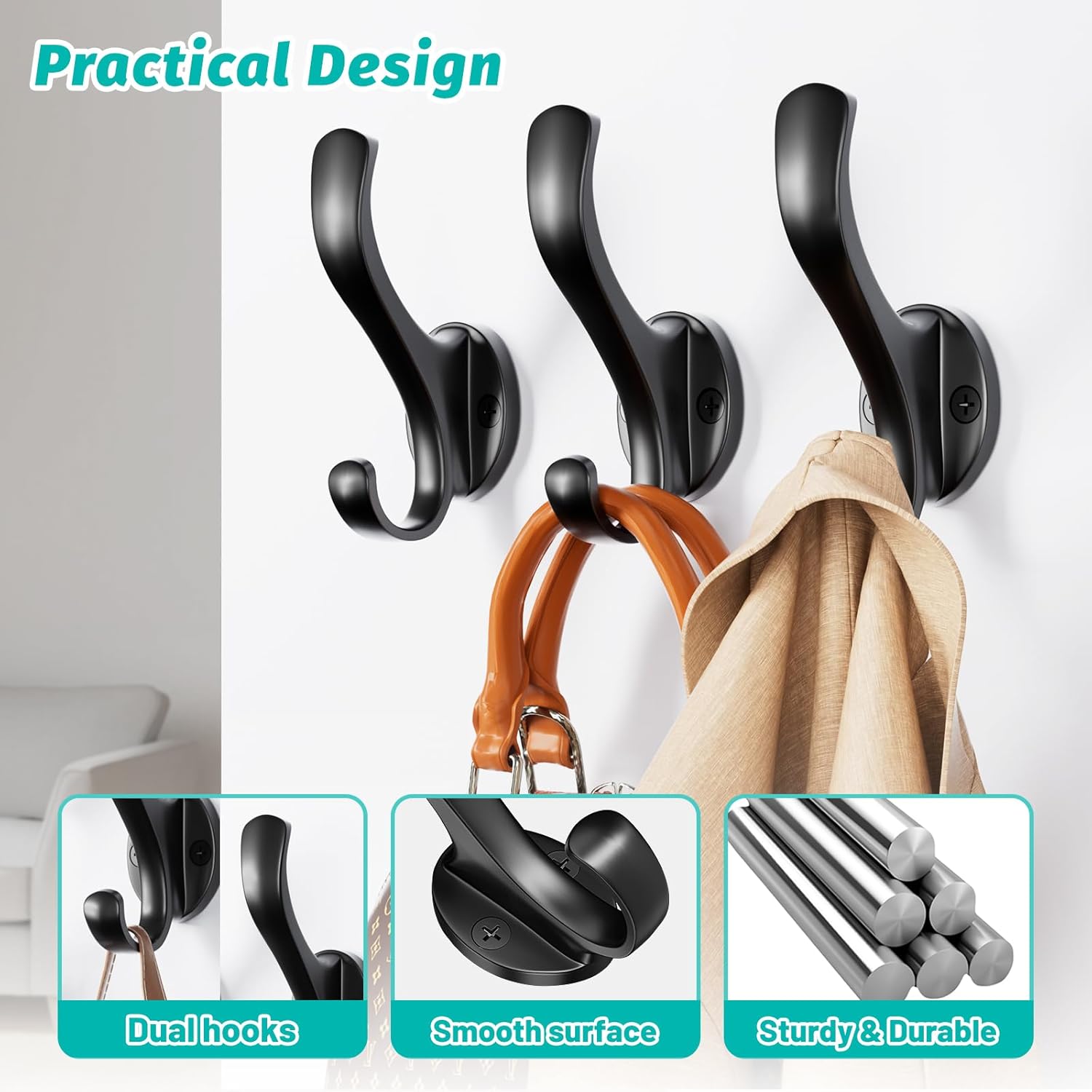 Coat Hooks Heavy Duty - Easy to Install Metal Towel Hooks Screw-in Wall Hooks for Hanging Hat, Towel, Key, Robe, Scarf, Bag, Cap (4 PCS Black)