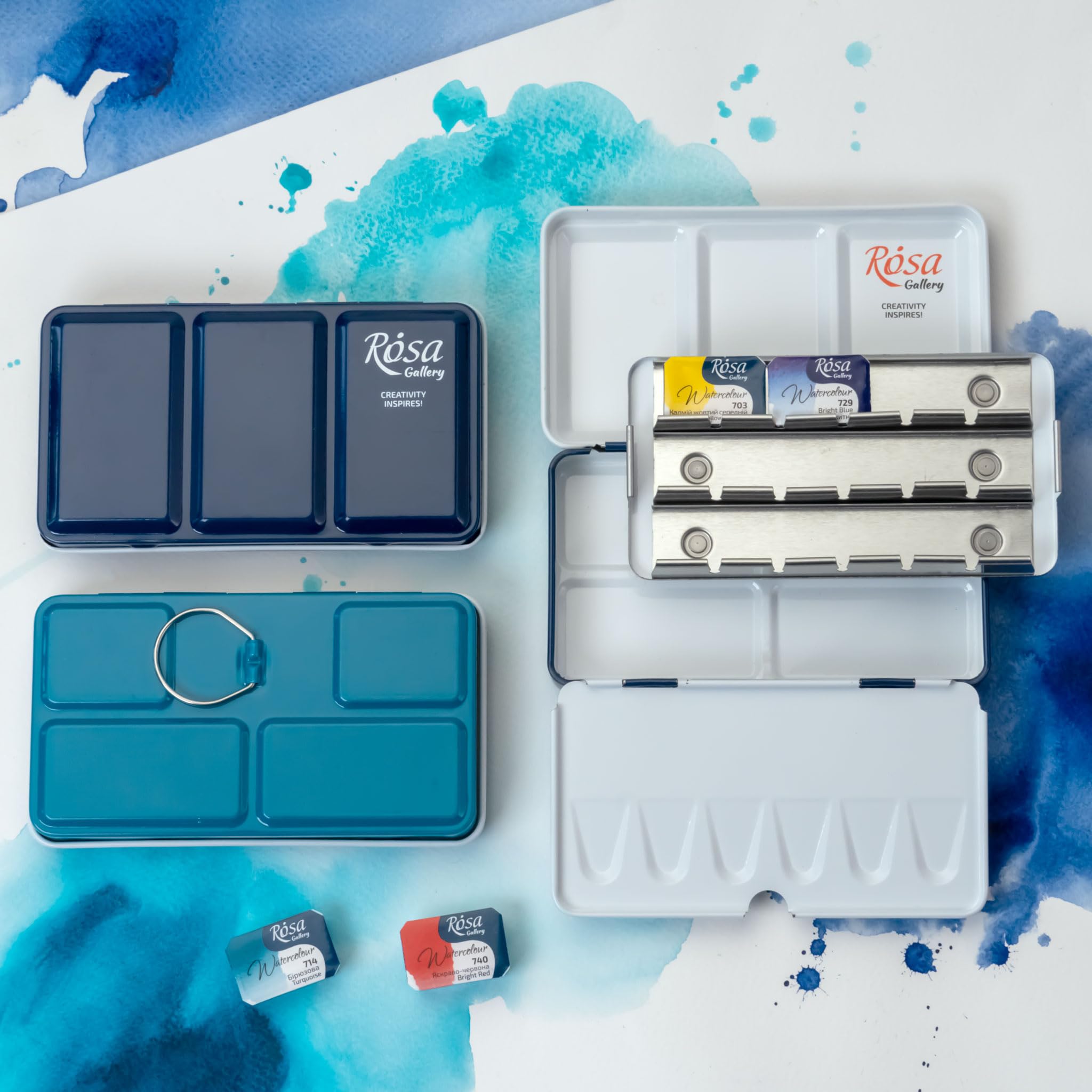 Rosa Gallery Leere Aquarellfarbenbox aus Metall (Indigo Voll 12 Napf)