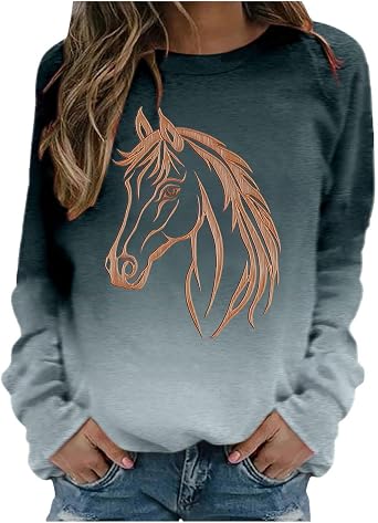 Vintage Horse Print Sweatshirts for Women Riding Horse Lover Long Sleeve Crew Neck Pullover Tops Casual Loose Shirts