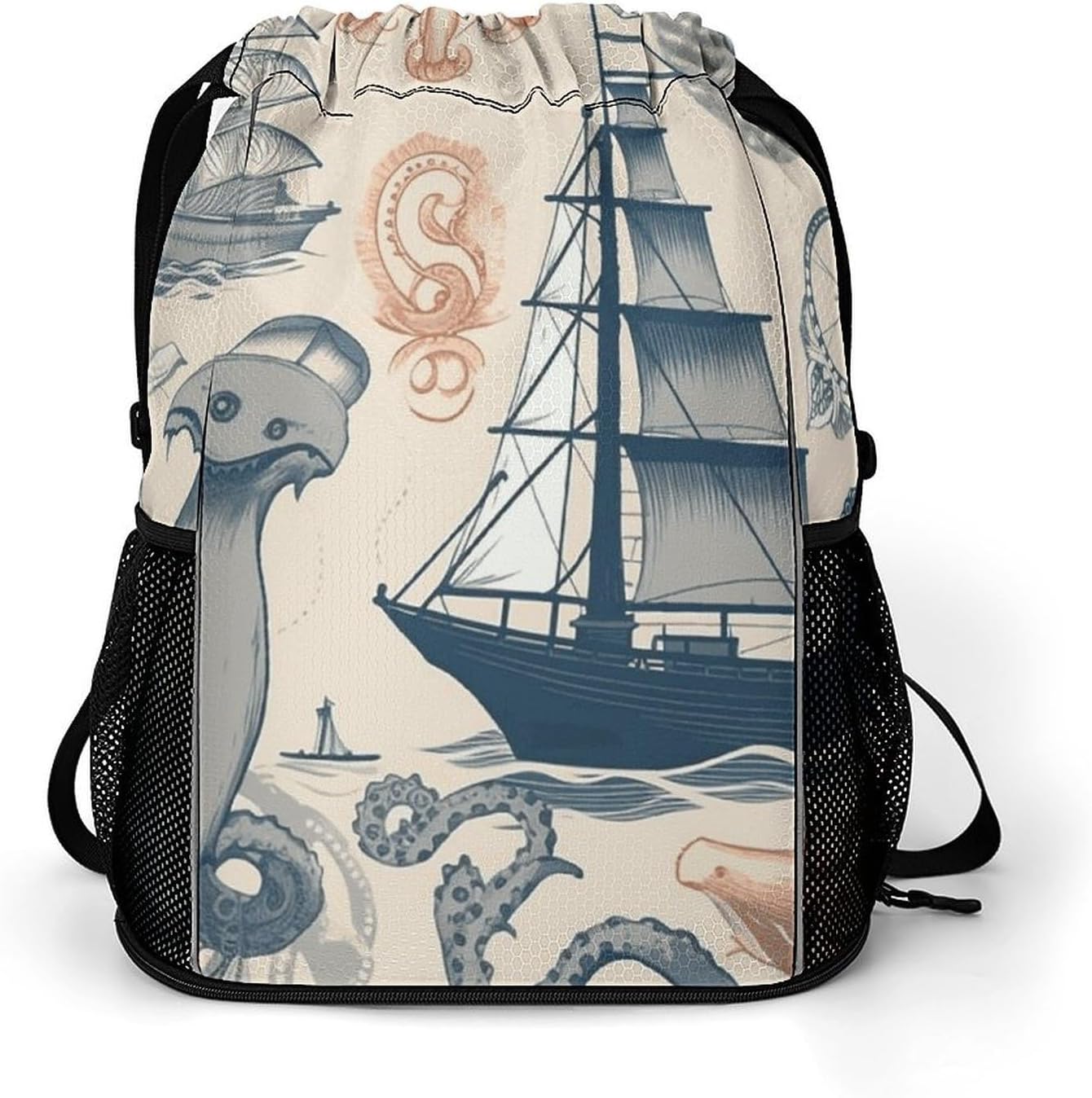 Lighthouse Sailboat Fish Shells Octopus Drawstring Backpack with Wet Pocket - Large Capacity Gym Bag with Shoe Compartment & Mesh Pockets, Adjustable Lightweight Gym Backpack for Swimming, Travel, Wor