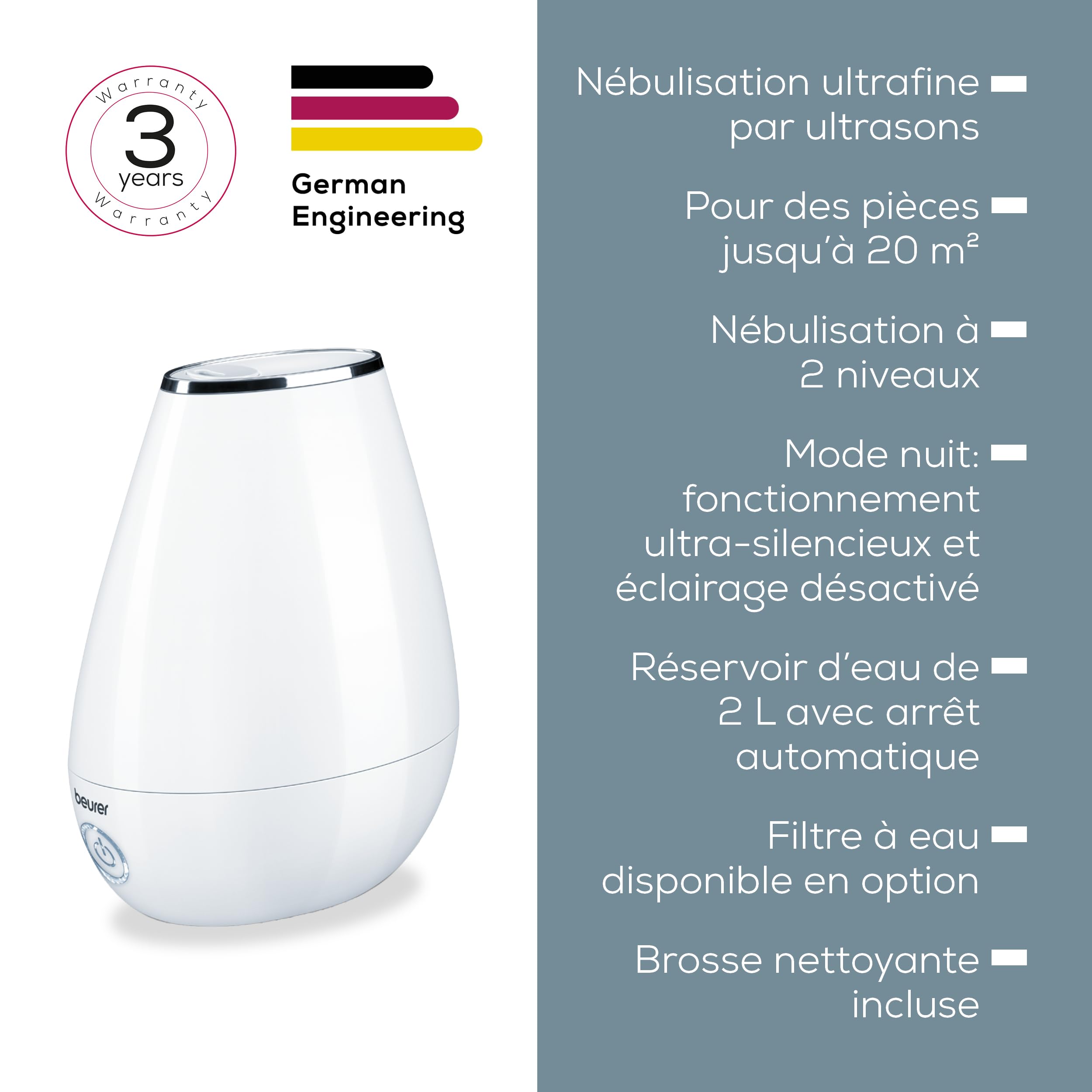 Beurer LB 37 Humidificateur d'air avec nébulisation à ultrasons, diffuseur d'arôme intégré, humidificateur avec mode nuit silencieux pour la chambre, réservoir de 2L pour pièces jusqu'à 20 m², blanc