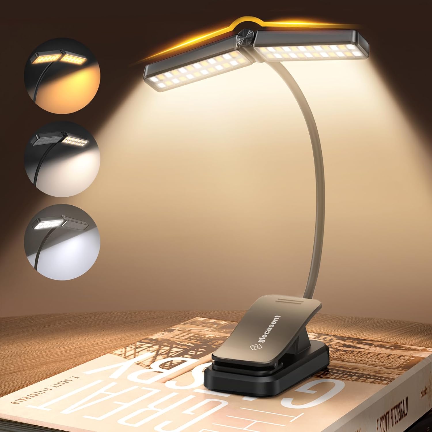 Glocusent Wingy Book Light, 48 LED Reading Light with Sleep Aid & Timer, 2-Switch, 5 Brightness & 3-Color Rechargeable Clip on Book Light for Reading in Bed at Night, Book Accessories for Book Lovers