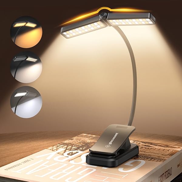Glocusent Wingy Book Light, 48 LED Reading Light with Sleep Aid & Timer, 2-Switch, 5 Brightness & 3-Color Rechargeable Clip on Book Light for Reading in Bed at Night, Book Accessories for Book Lovers