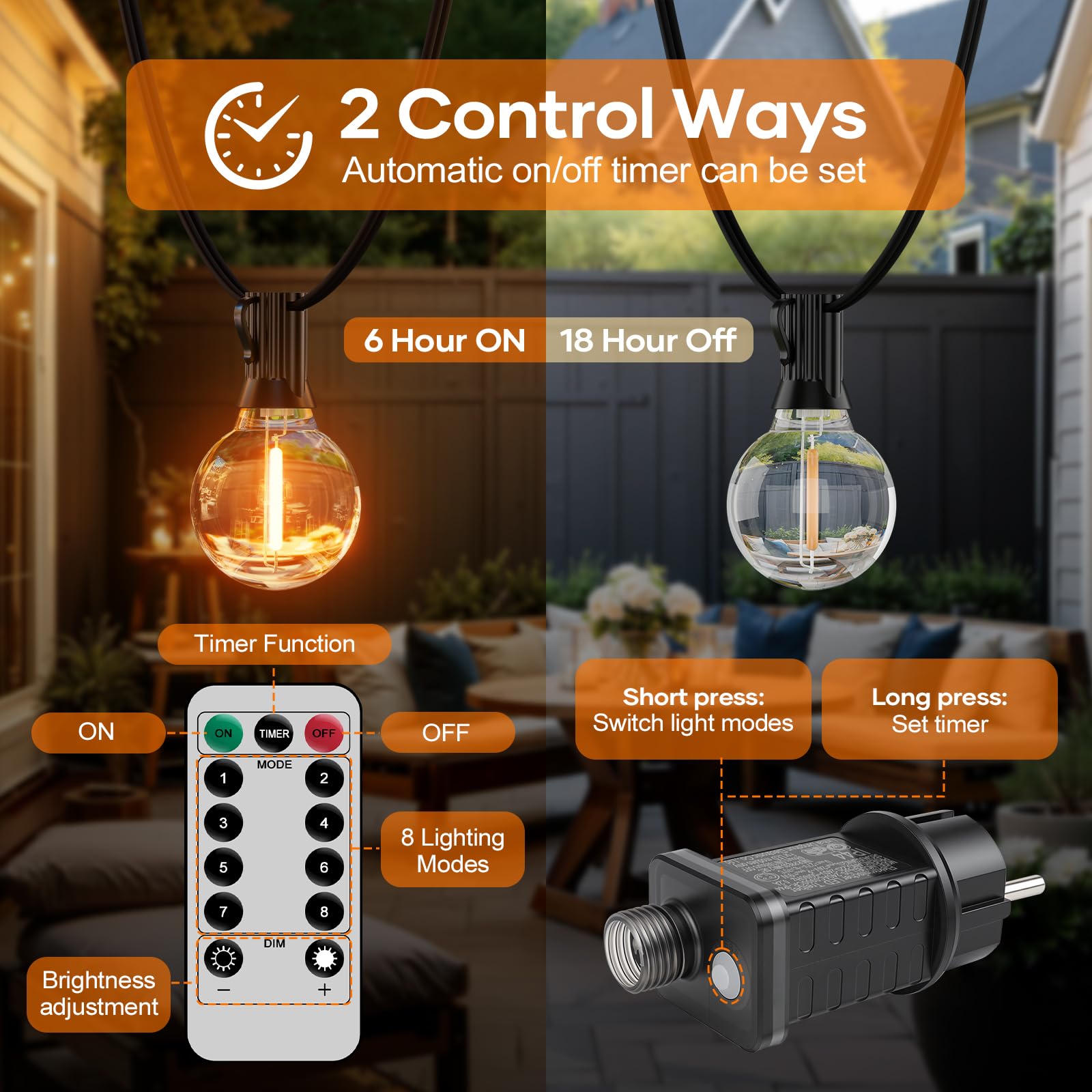 Hoteril Catena Luci da Esterno Giardino-30M, G40 Catena Luminosa Esterno: 42+2 Lampadine, Temperatura Colore 2200K, Alimentazione a Spina, Ideale per Pergolato da Giardini, Gazebo, Balcone, Campeggio