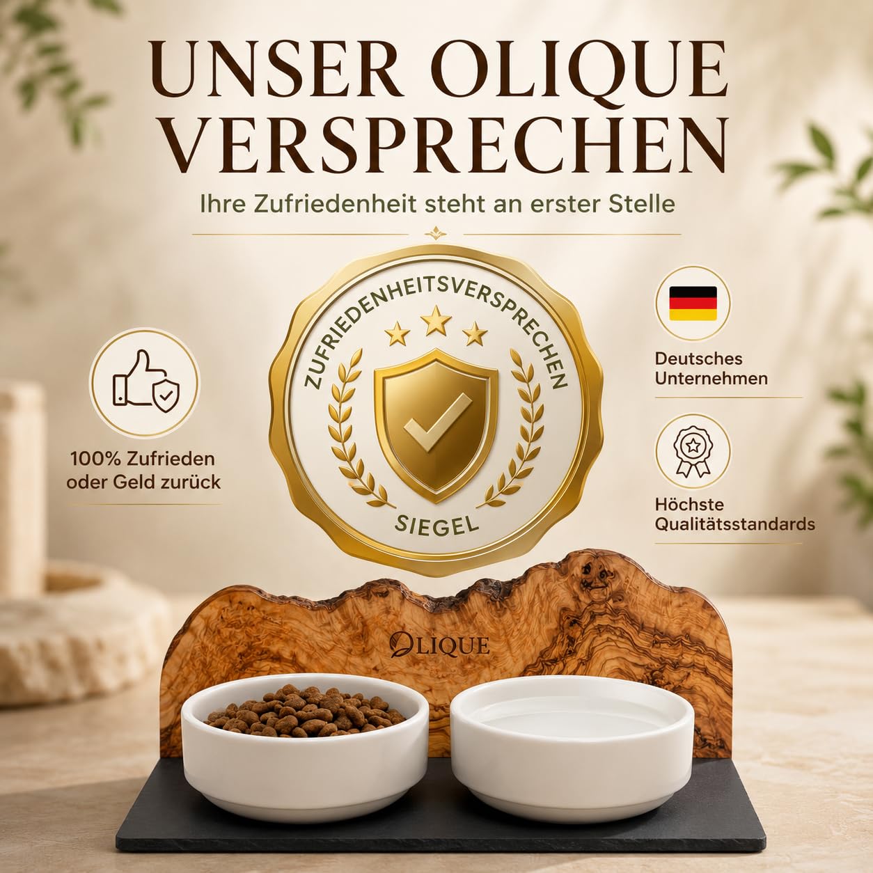 Futterstation personalisiert, Olivenholz - Futterbar mit Gravur und 2 Fressnäpfen für Katzen und Hunde